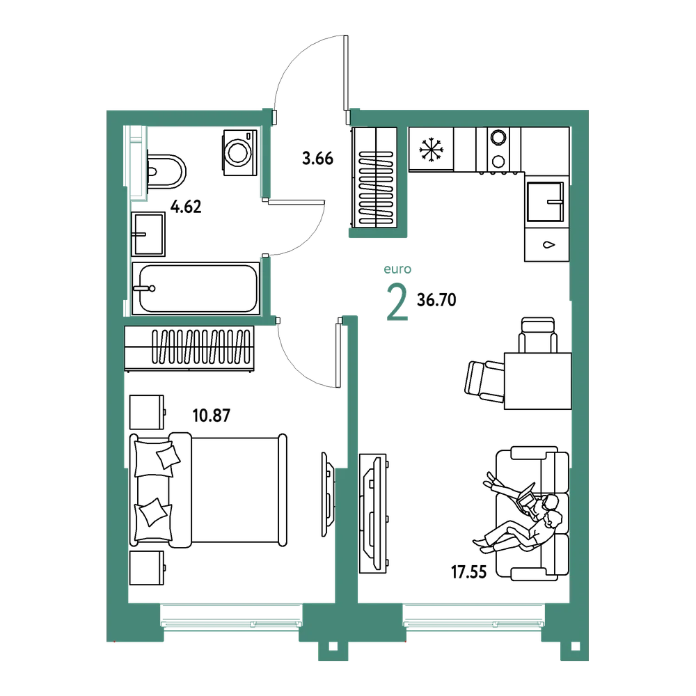 Планировка: Евродвушка 36,66 м²