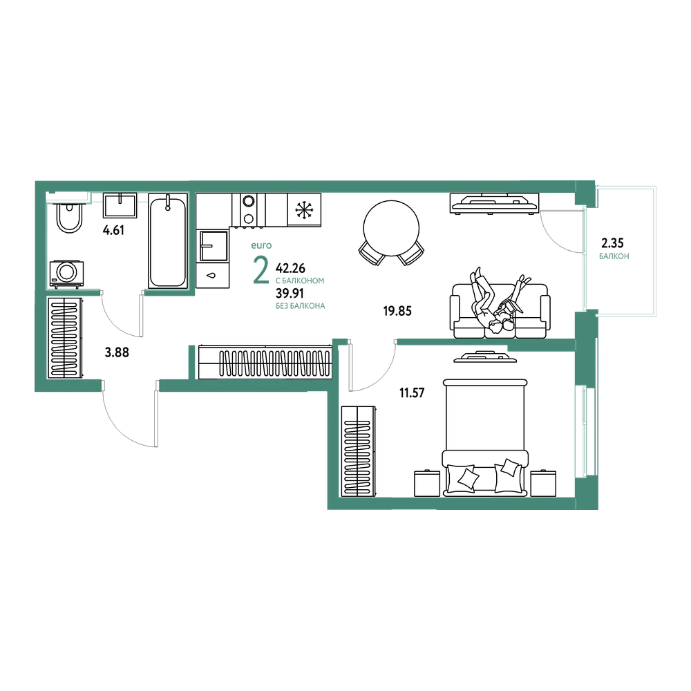 Планировка: Евродвушка 42,26 м²