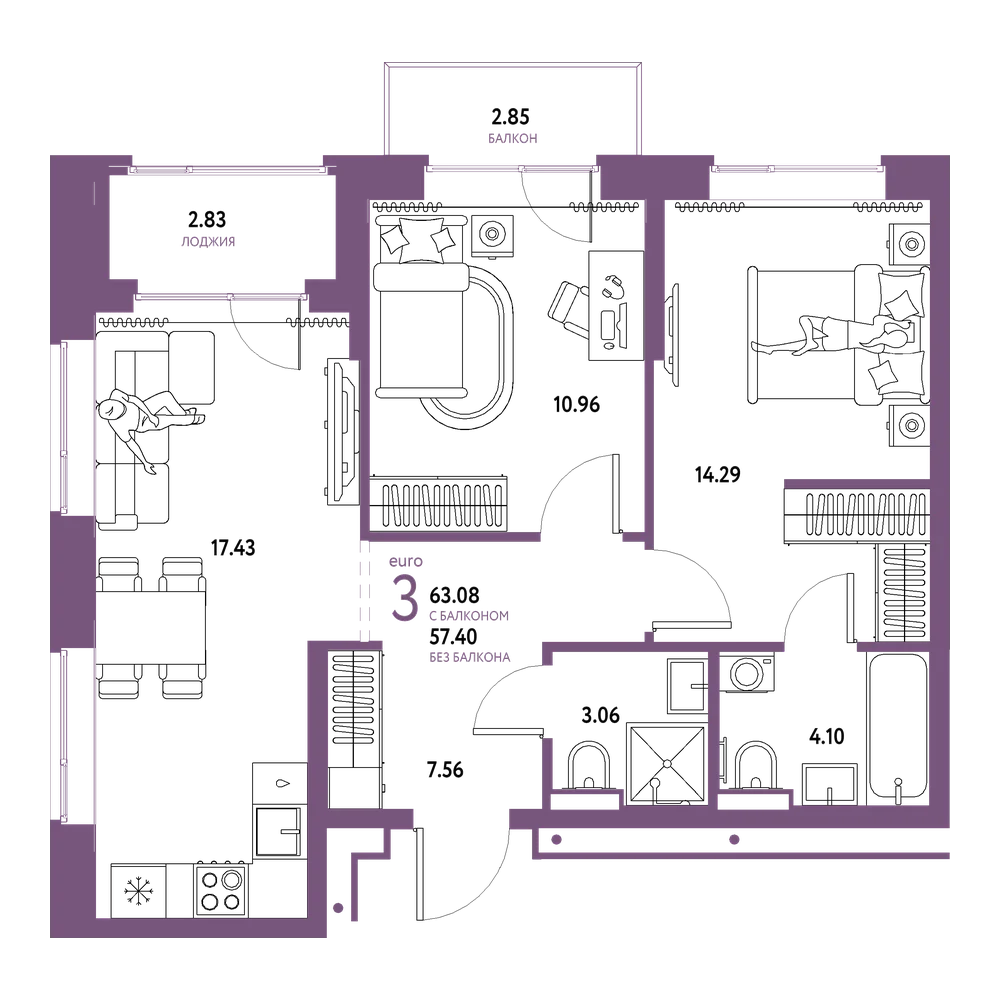 Планировка: Евротрёшка 63,08 м²