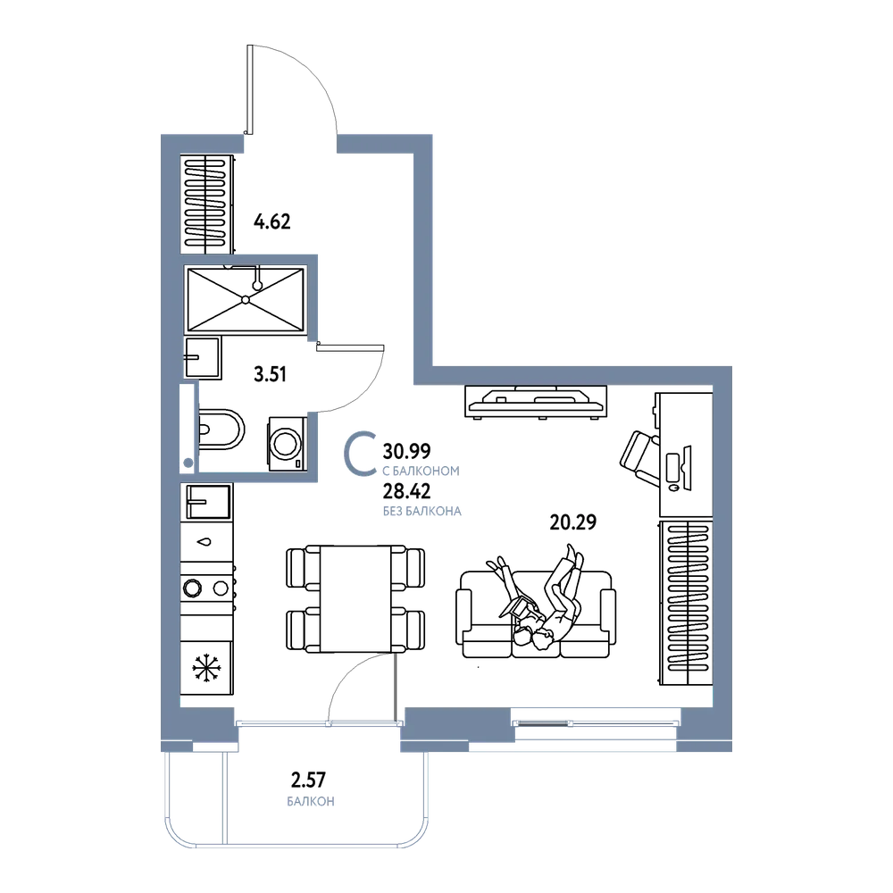 Планировка: Студия 30,99 м²