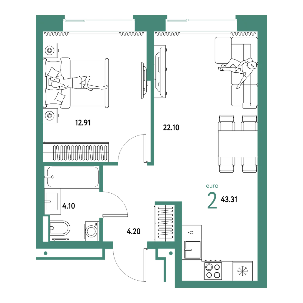 Планировка: Евродвушка 43,31 м²