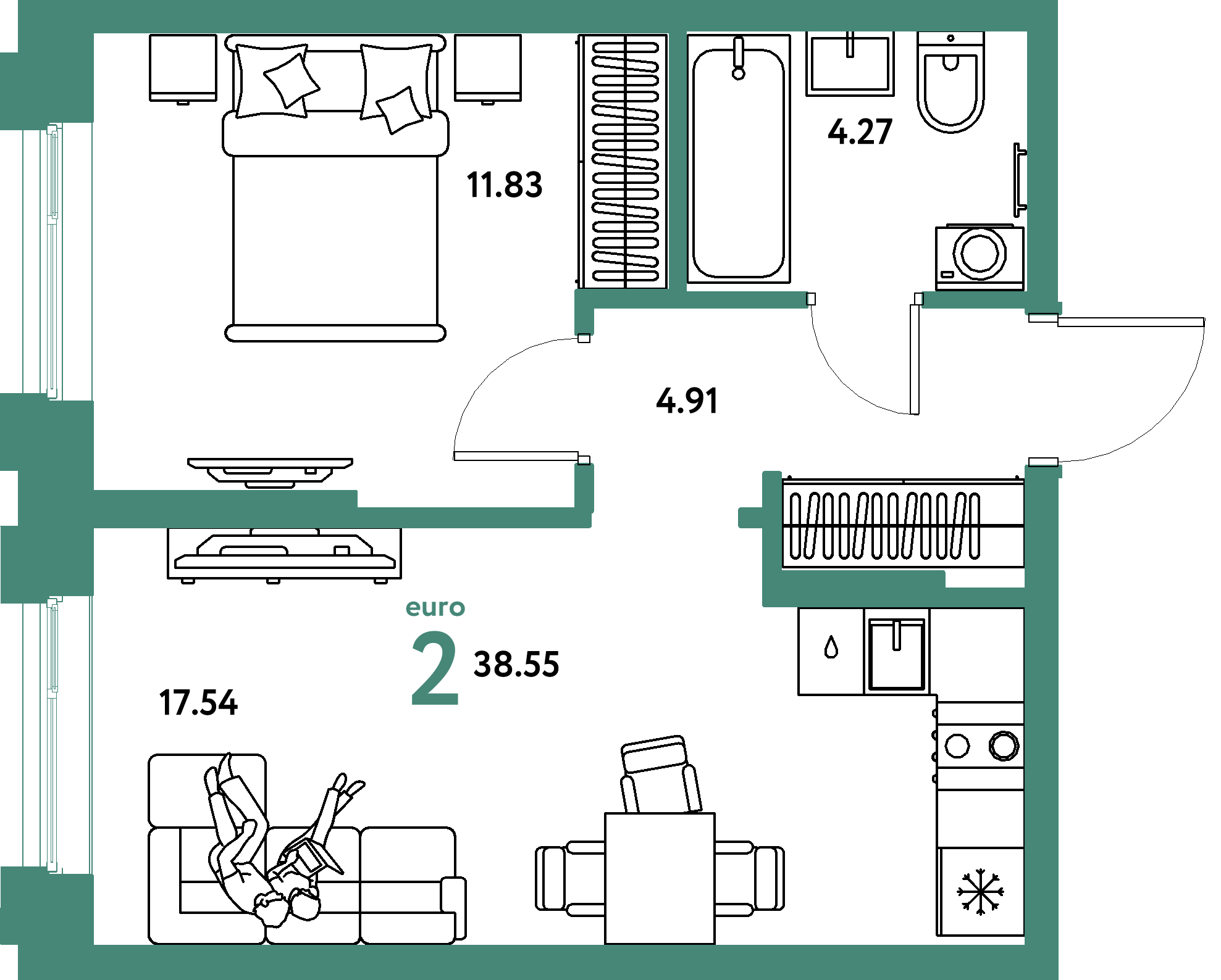 Планировка: Евродвушка 38,55 м² в ЖК «Европейский берег 2.0»