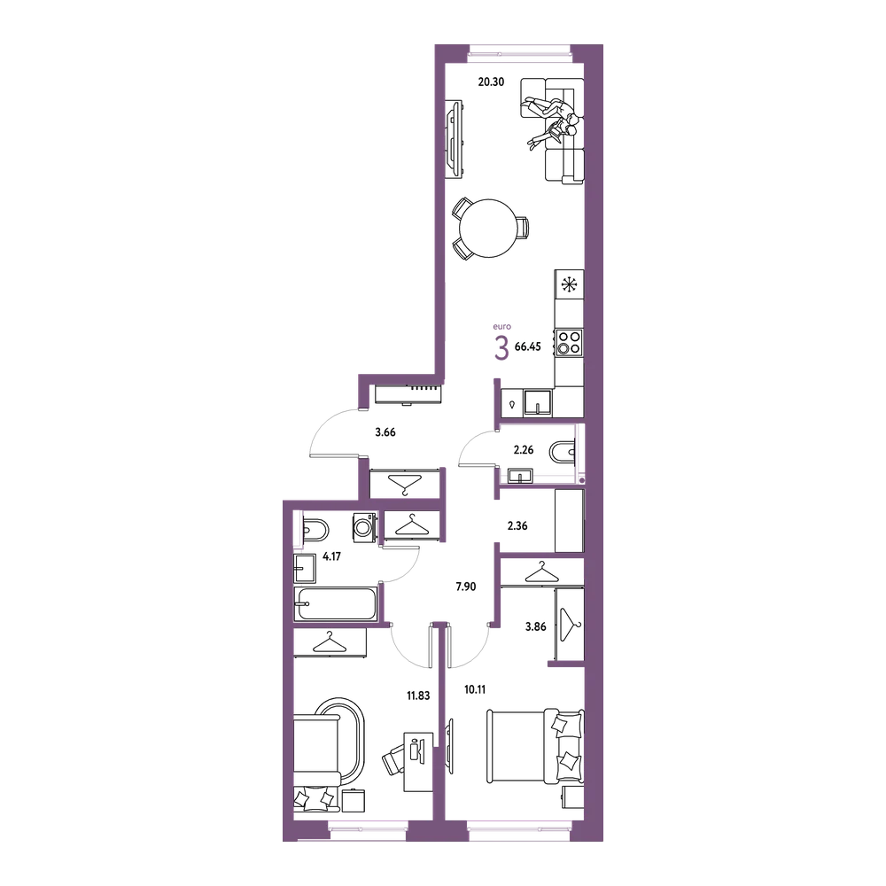 Планировка: Евротрёшка 66,45 м²