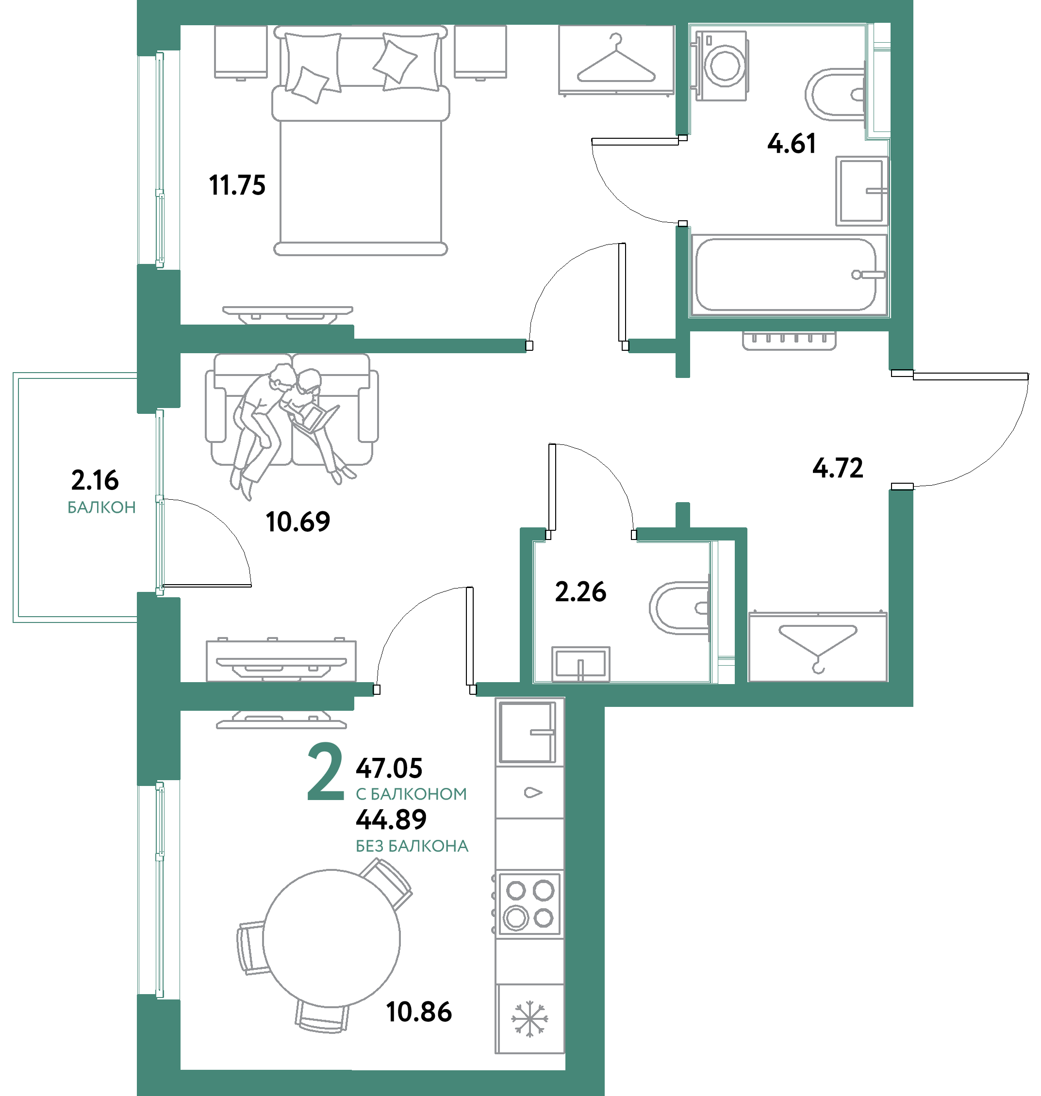Планировка: 2-комнатная 47,05 м² в ЖК «Остров-сад»