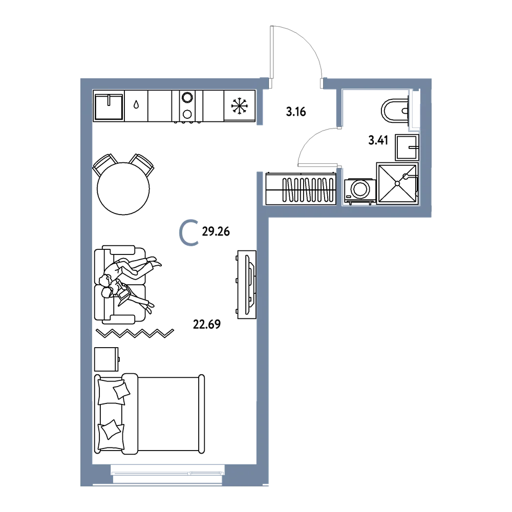 Планировка: Студия 29,26 м²