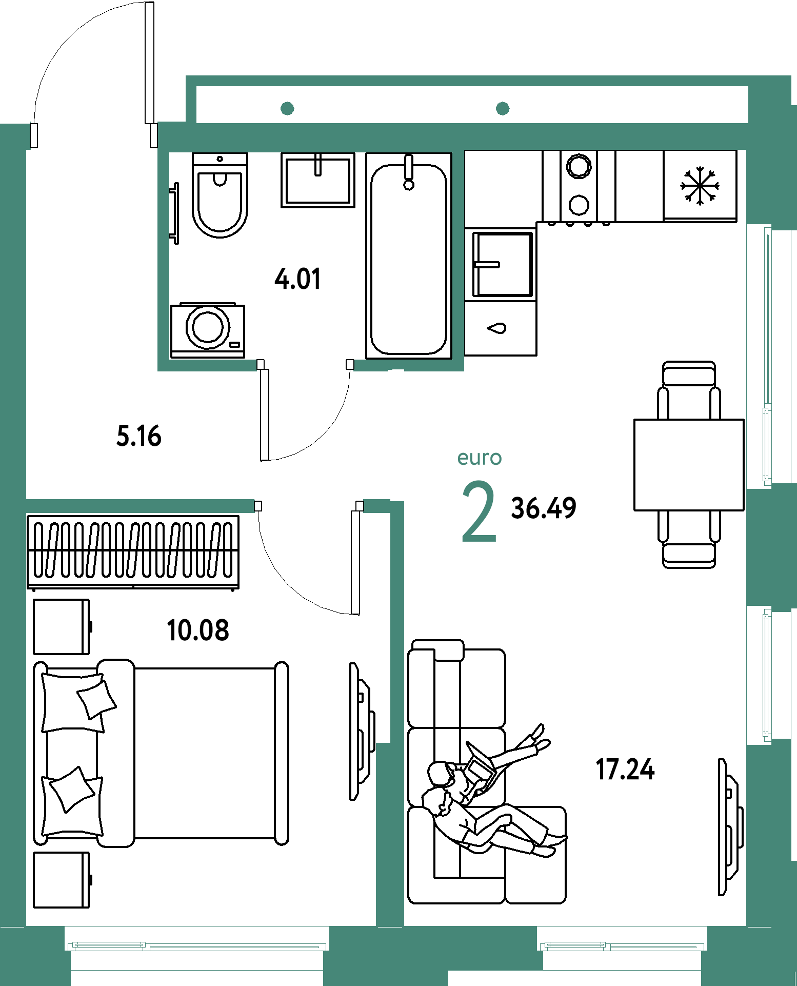 Планировка: Евродвушка 36,49 м² в ЖК «Домашний»