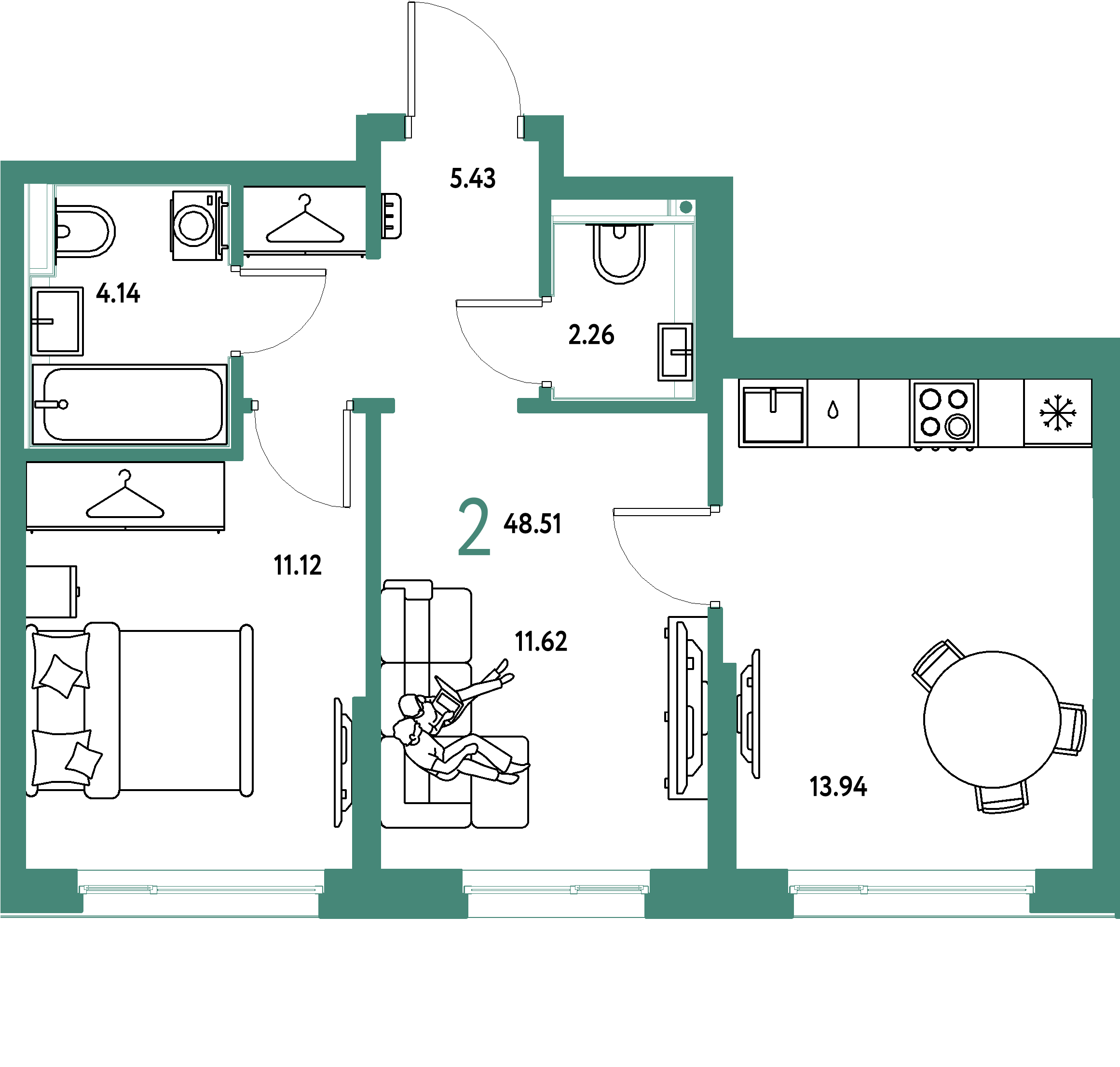 Планировка: 2-комнатная 48,51 м² в ЖК «Страна.Прибрежная»