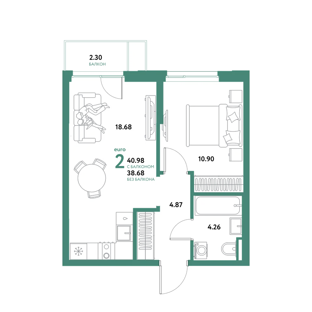 Планировка: Евродвушка 40,98 м²