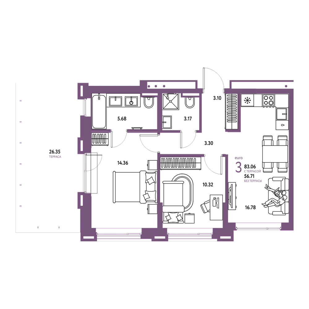 Планировка: Евротрёшка 83,06 м²