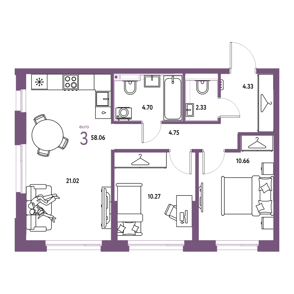 Планировка: Евротрёшка 58,06 м²