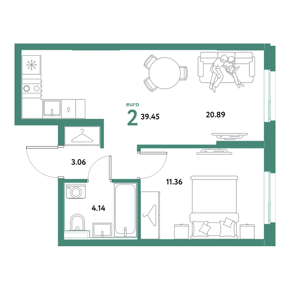 Планировка: Евродвушка 39,45 м²
