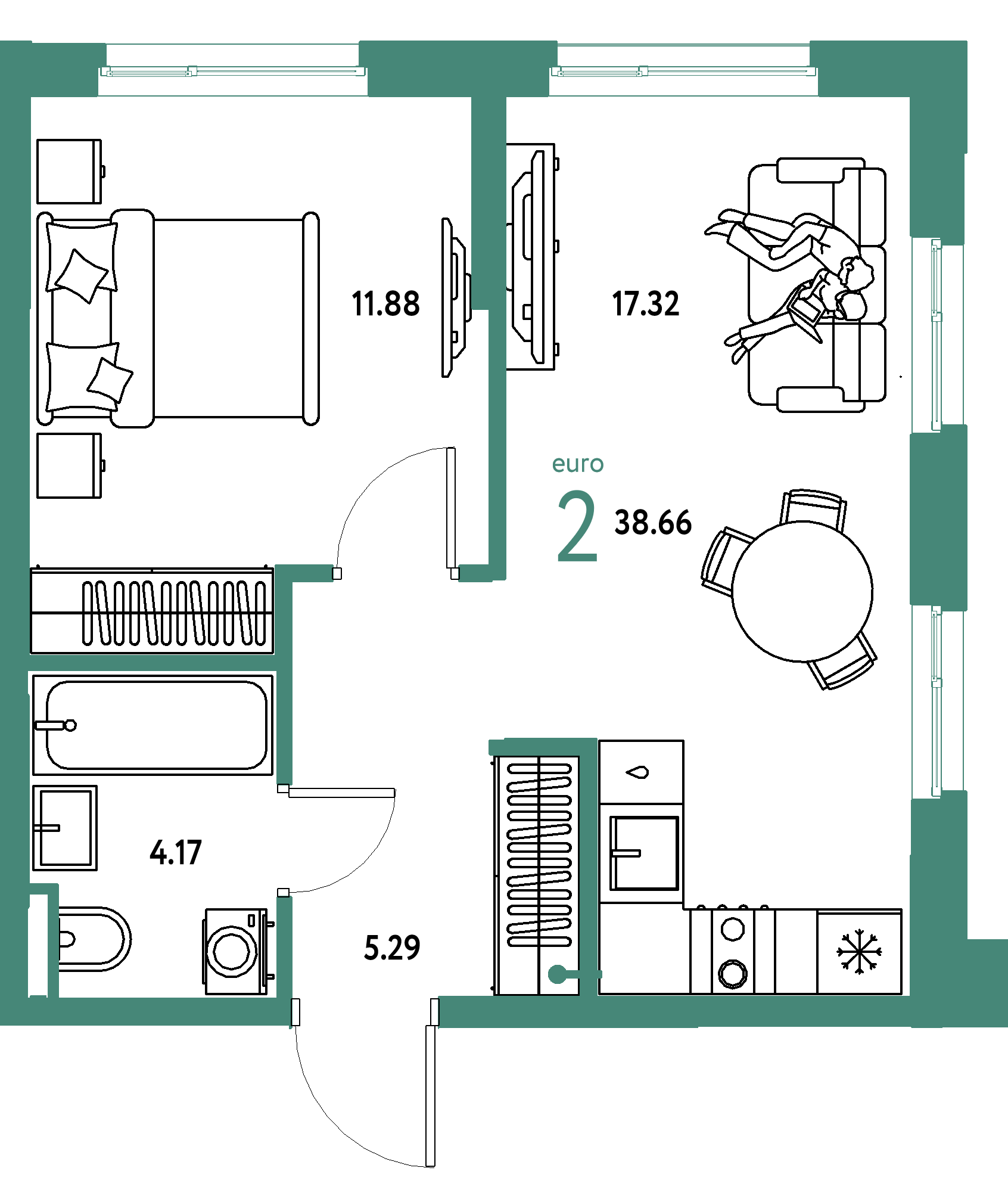 Планировка: Евродвушка 38,66 м² в ЖК «Остров-сад»