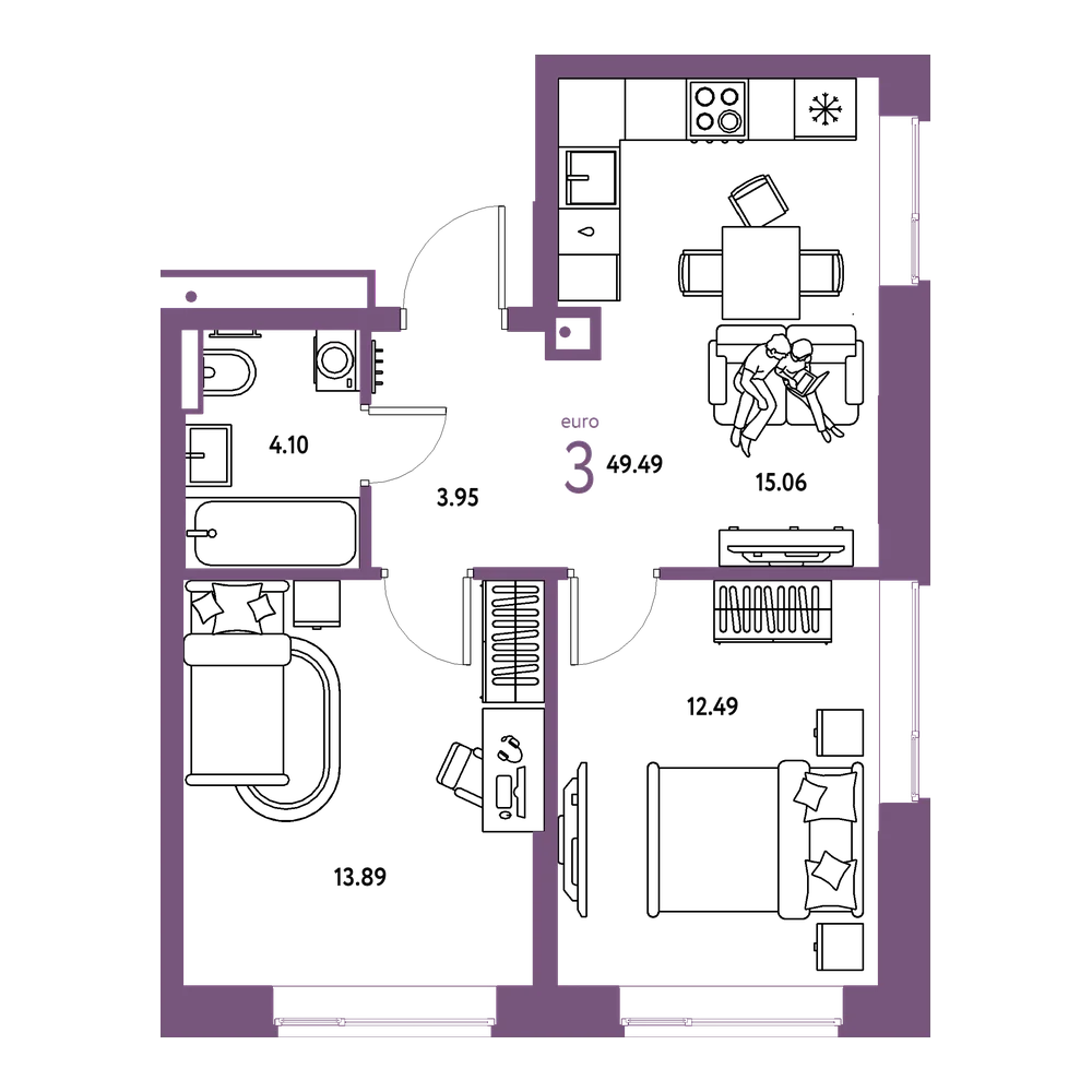 Планировка: Евротрёшка 49,49 м²