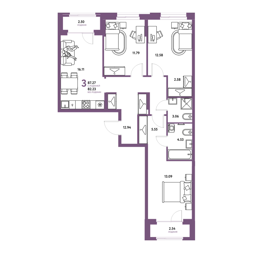 Планировка: 3-комнатная 87,27 м²