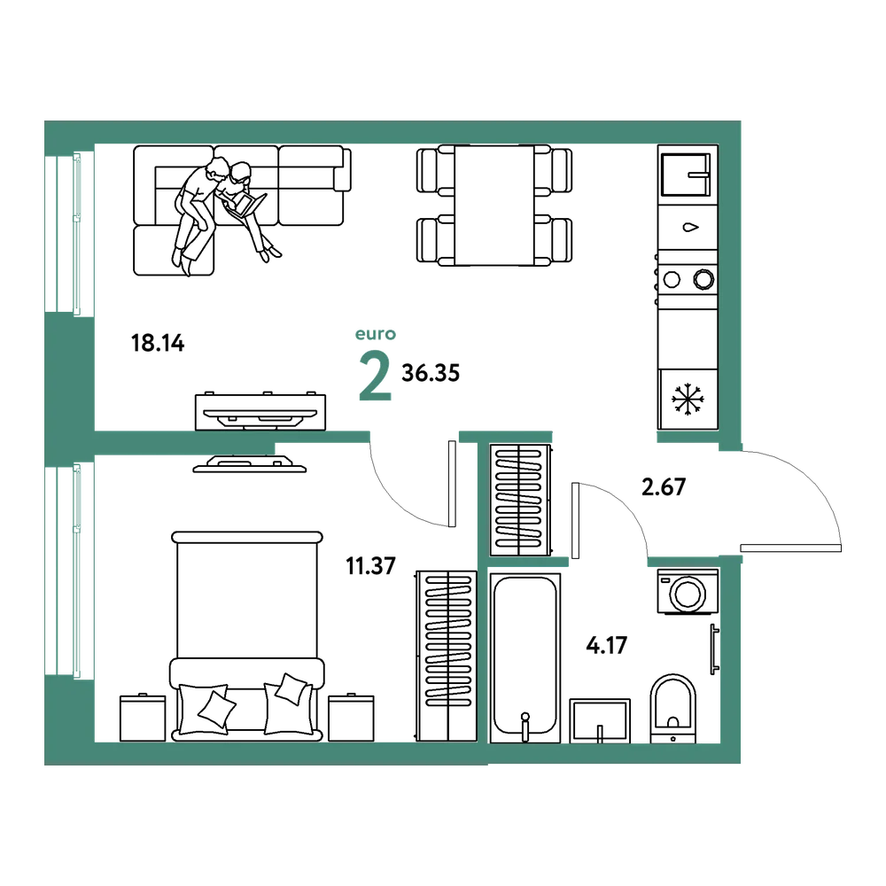 Планировка: Евродвушка 36,35 м²