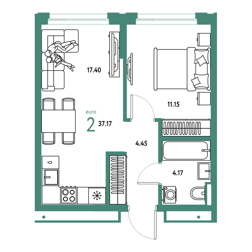 Планировка: Евродвушка 37,17 м²
