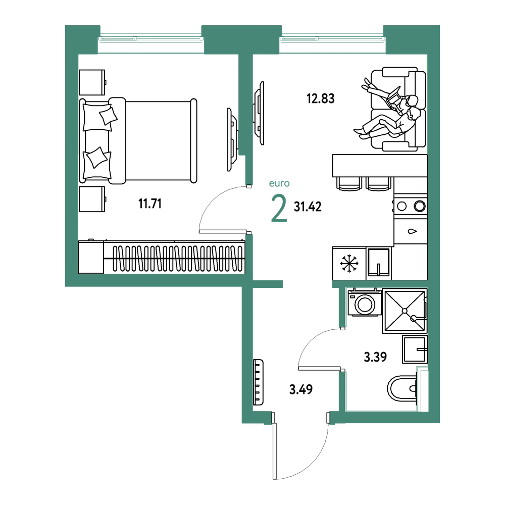 Планировка: Евродвушка 31,42 м²