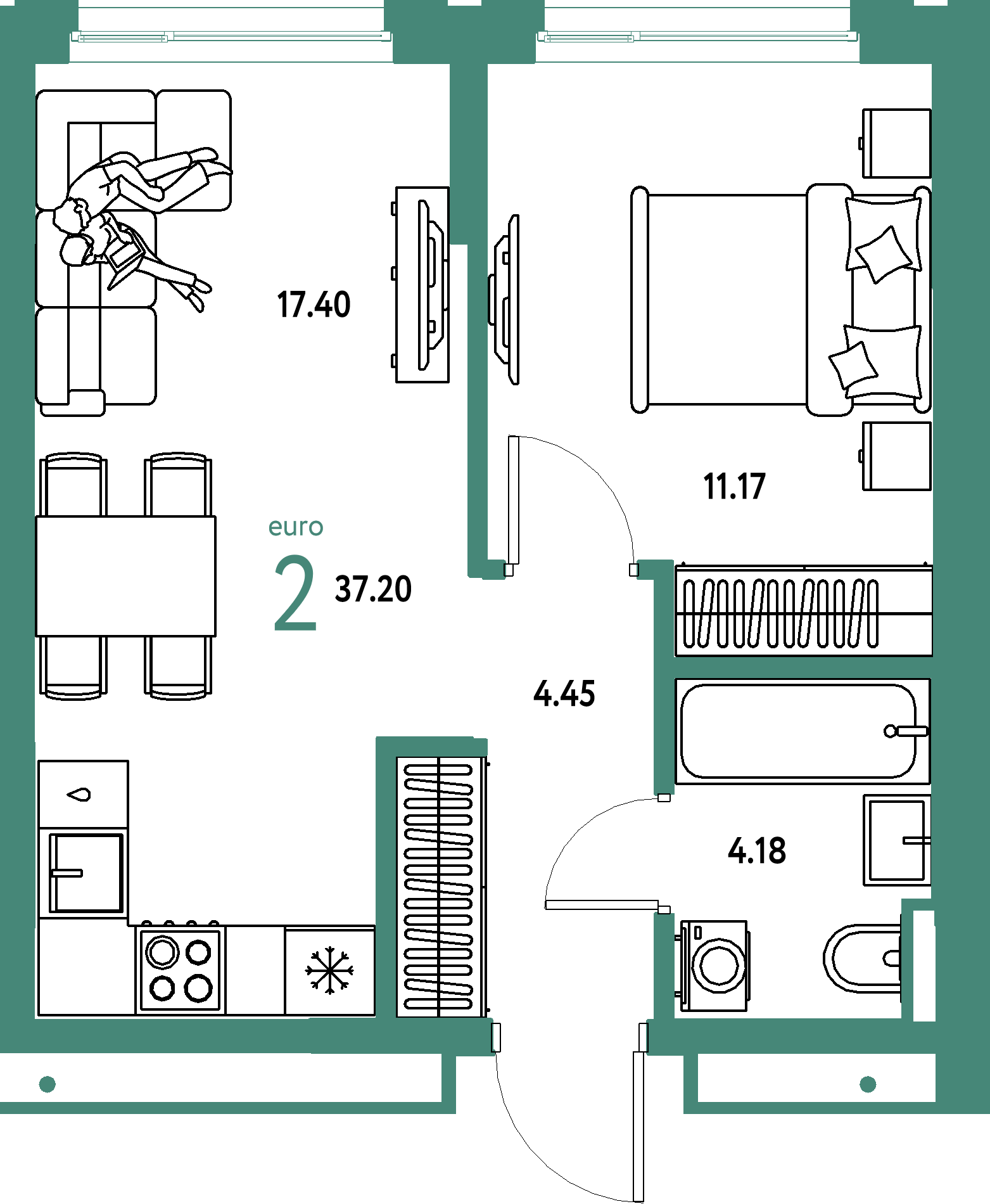 Планировка: Евродвушка 37,2 м² в ЖК «Страна.Прибрежная»