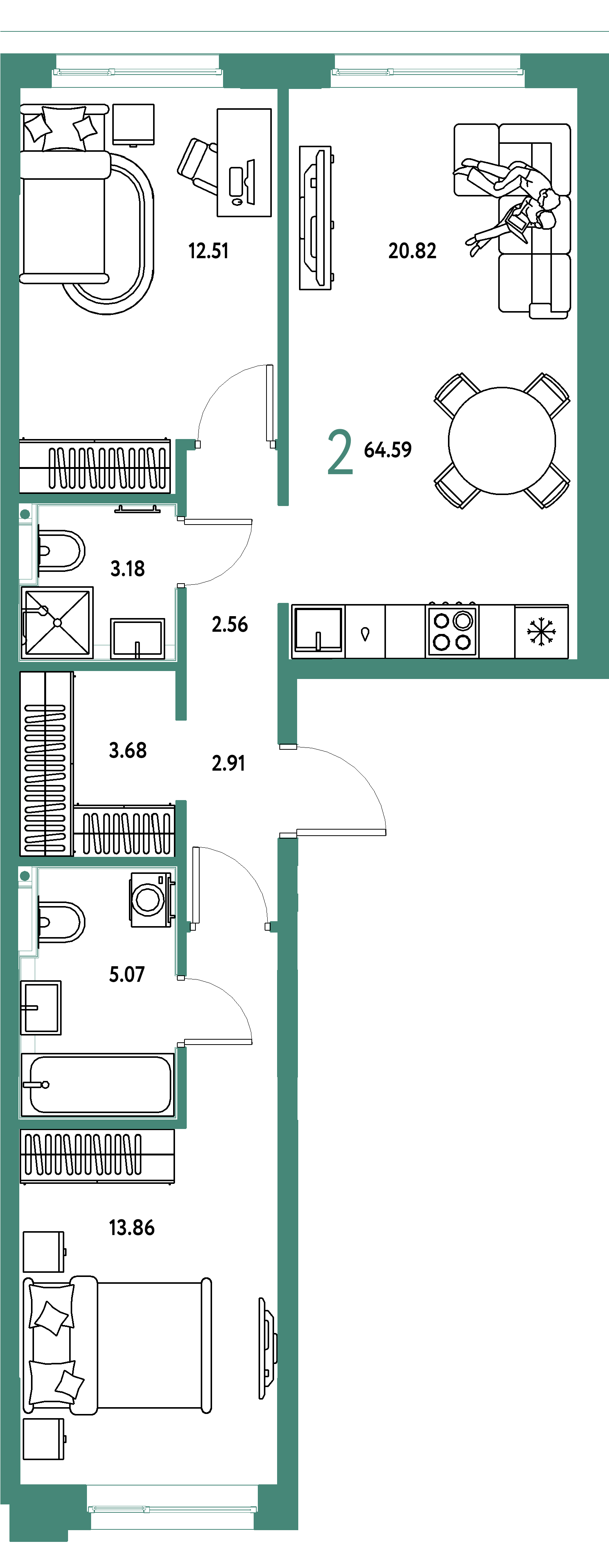 Планировка: 2-комнатная 64,59 м² в ЖК «Сердце Сибири»