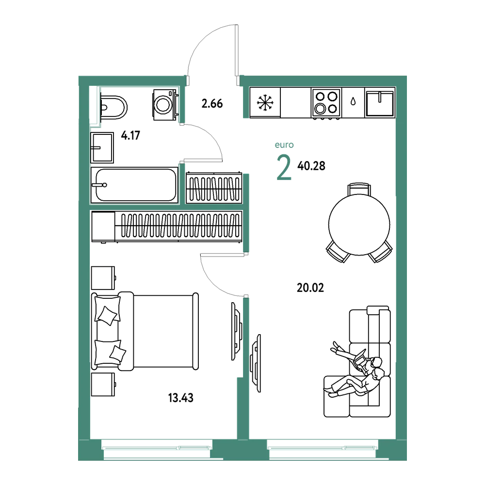 Планировка: Евродвушка 40,28 м²
