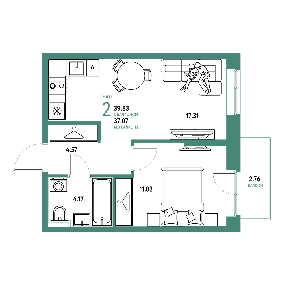 Планировка: Евродвушка 39,83 м²
