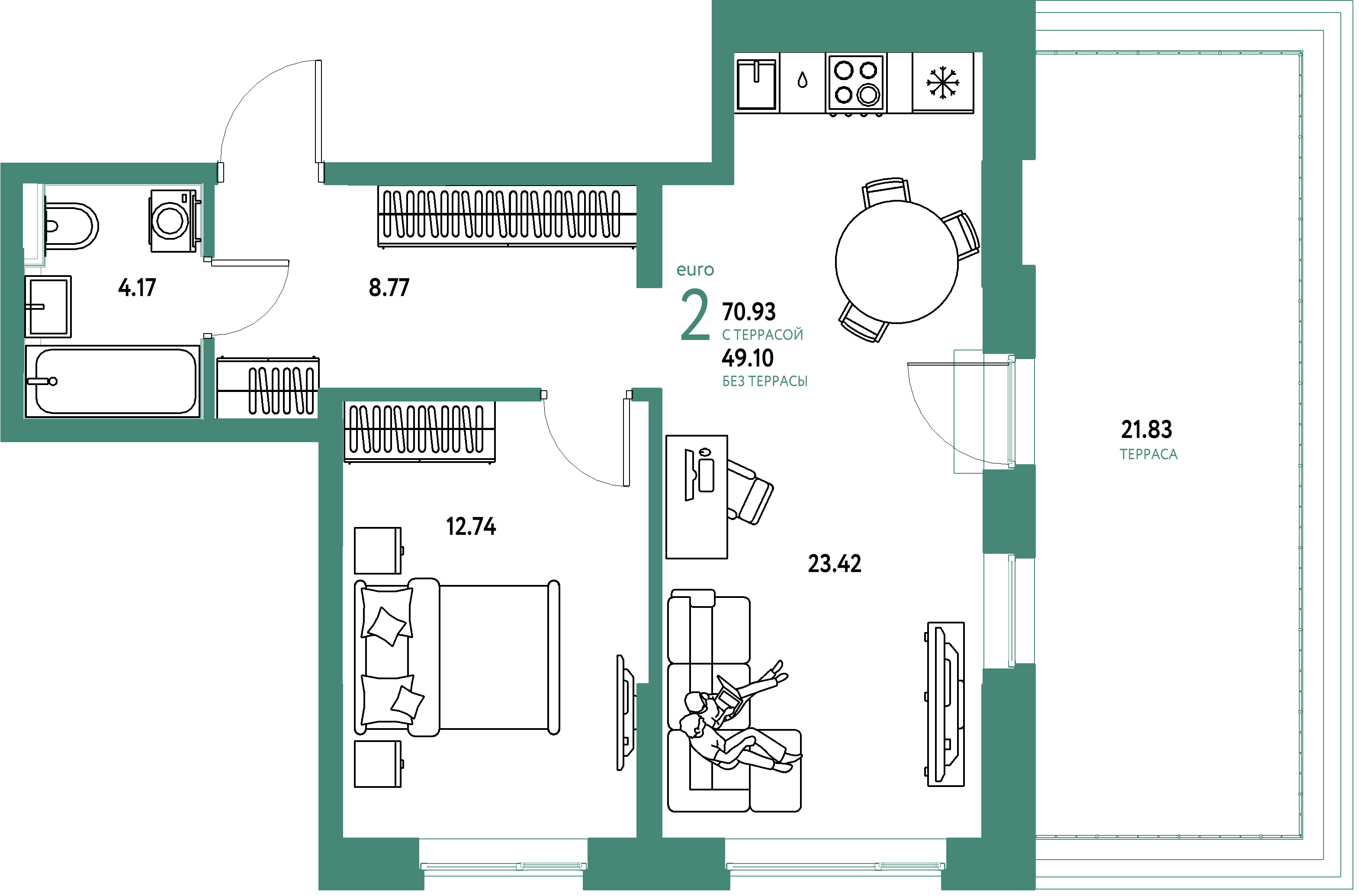 Планировка: Евродвушка 70,93 м² в ЖК «Остров-сад»