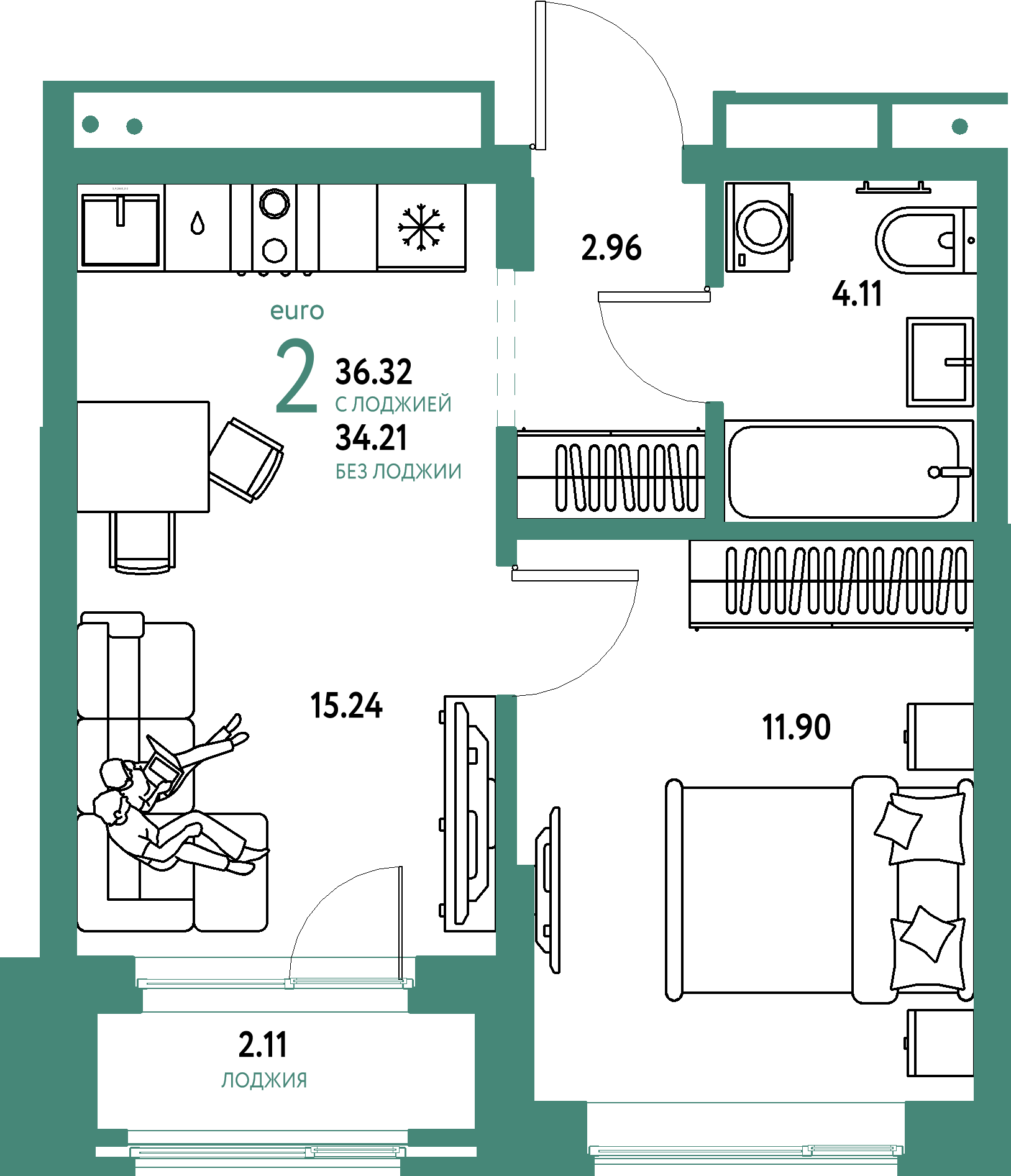 Планировка: Евродвушка 36,32 м² в ЖК «Домашний»