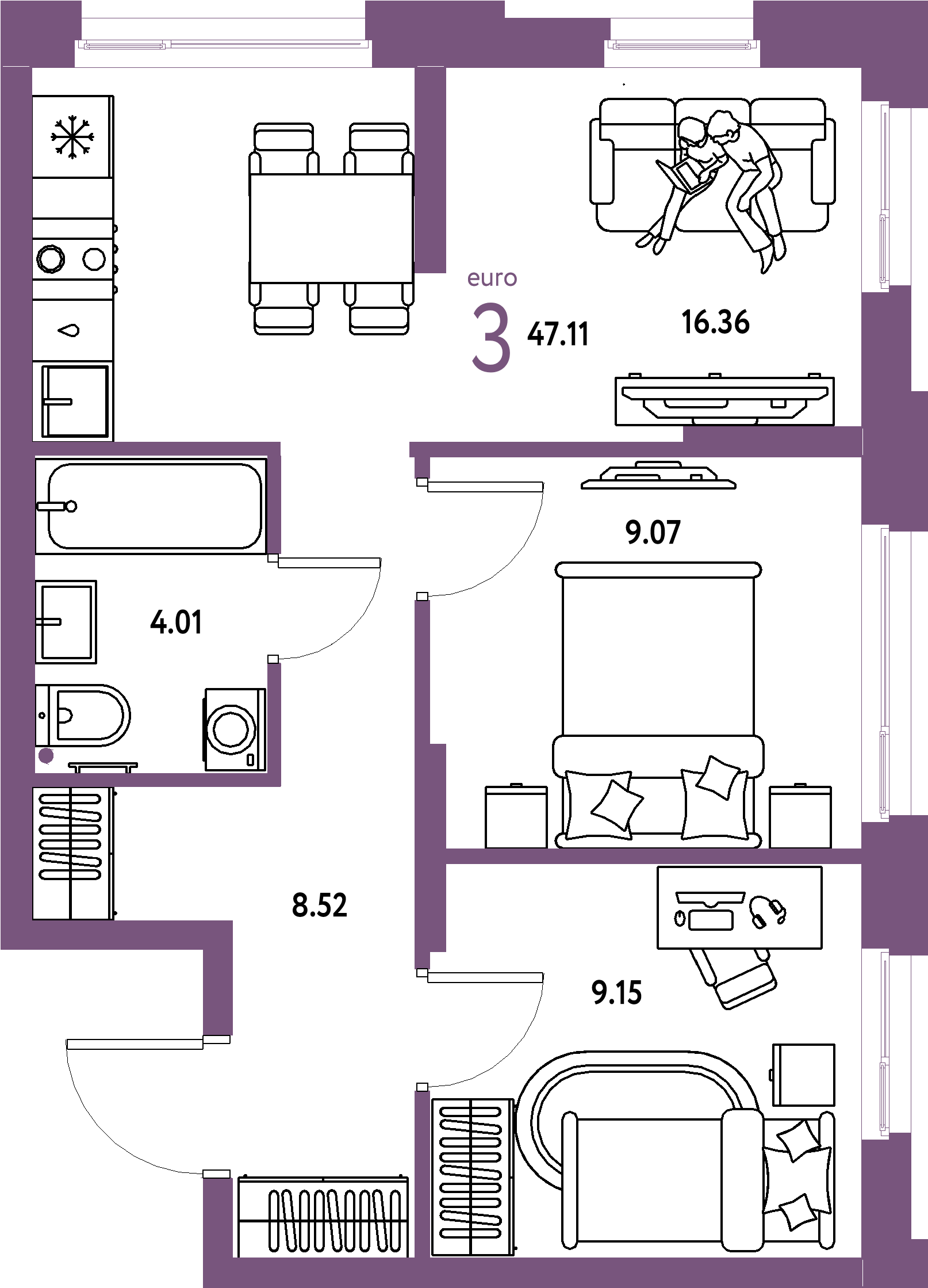Планировка: Евротрёшка 47,11 м² в ЖК «Домашний»