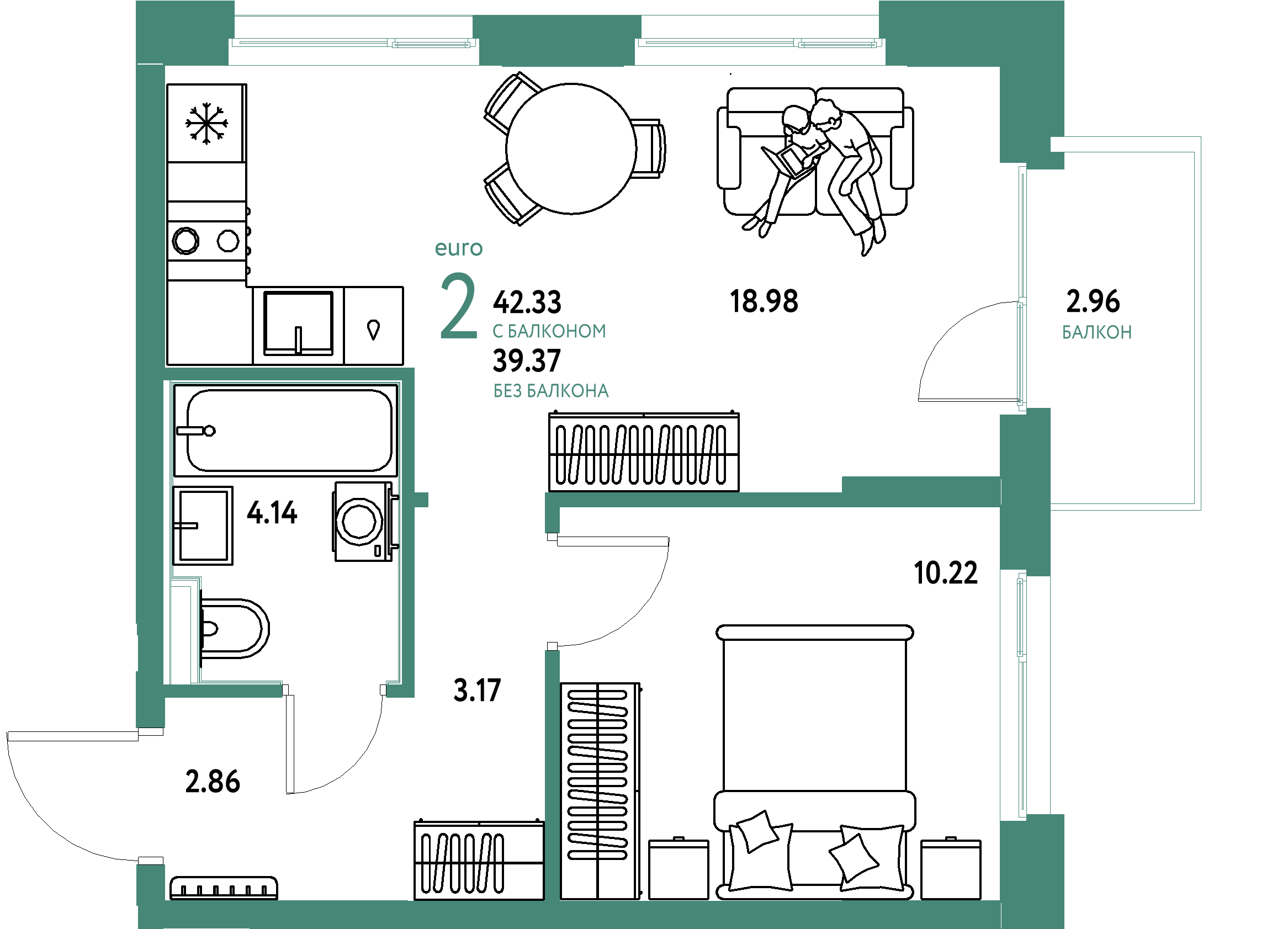 Планировка: Евродвушка 42,05 м² в ЖК «Домашний»