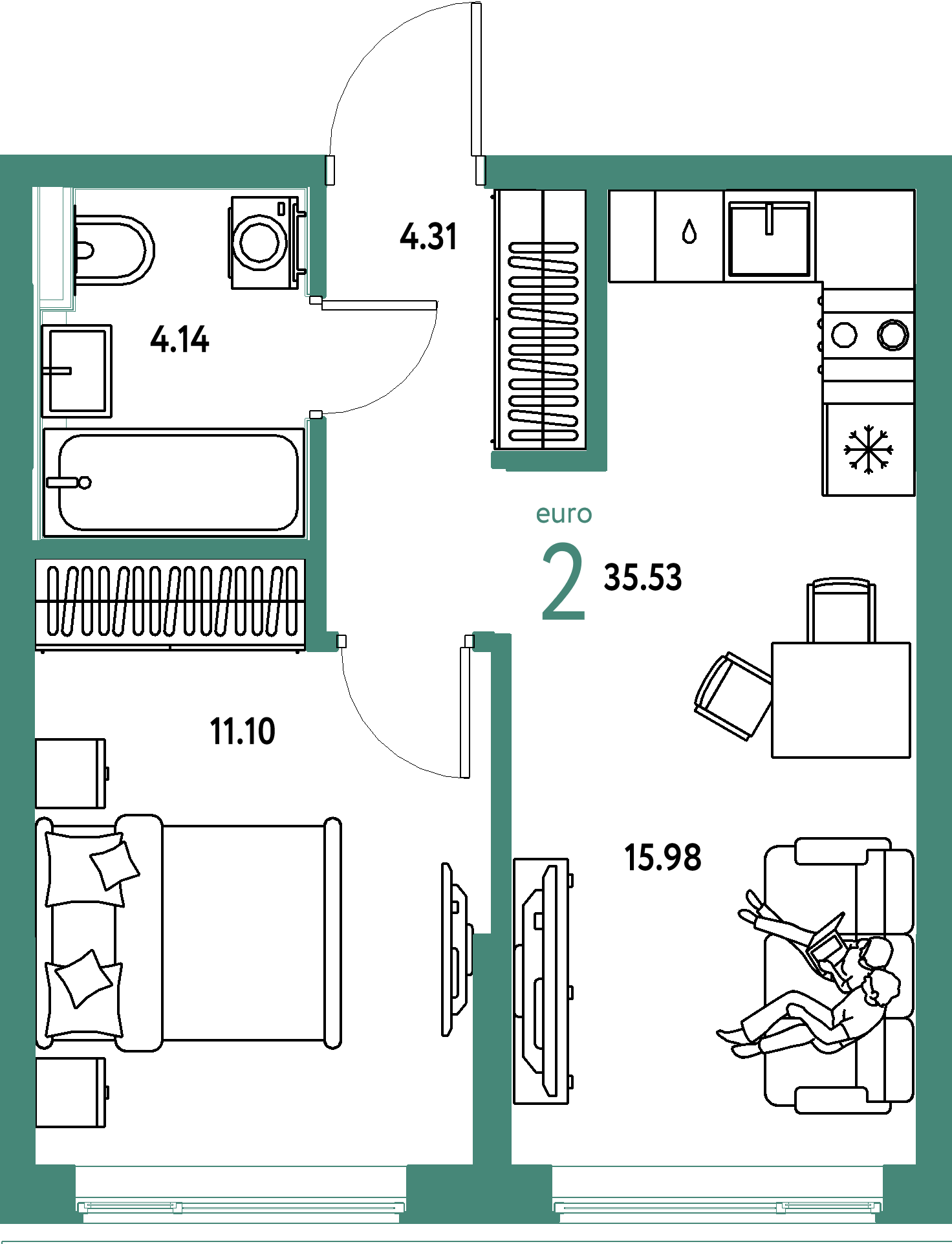 Планировка: Евродвушка 35,53 м² в ЖК «Остров-сад»