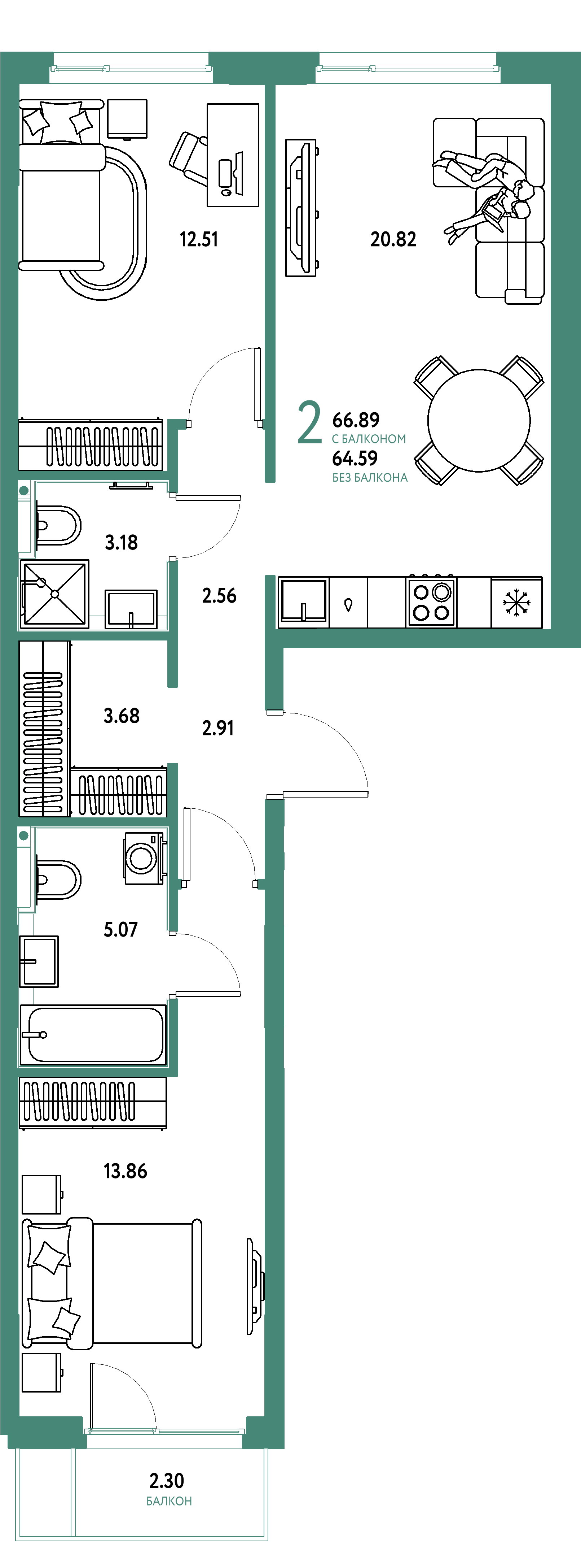 Планировка: 2-комнатная 66,89 м² в ЖК «Сердце Сибири»