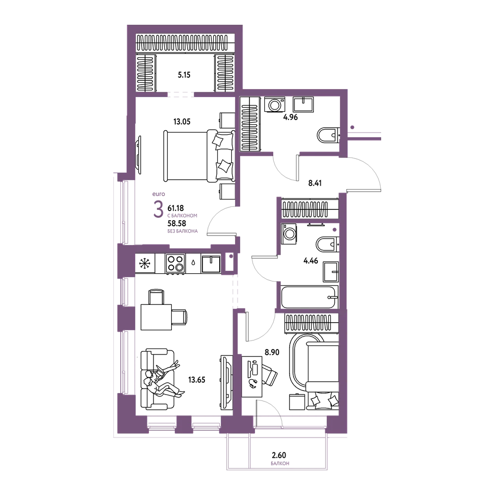 Планировка: Евротрёшка 61,18 м²