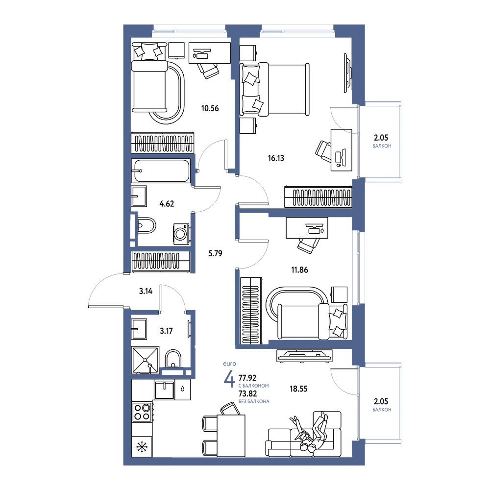Планировка: Евро-4 77,92 м²