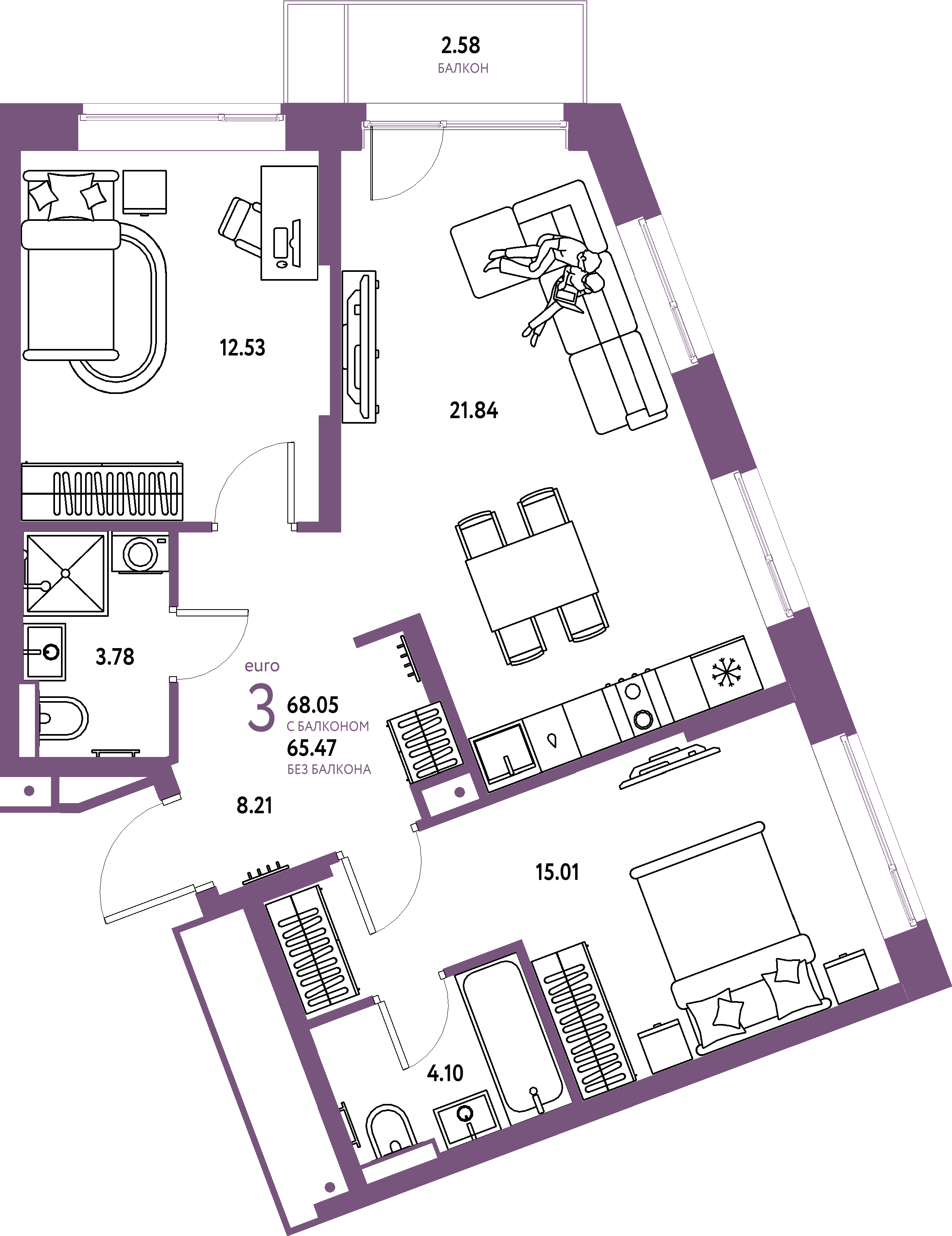 Планировка: Евротрёшка 68,05 м² в ЖК «Авторский»