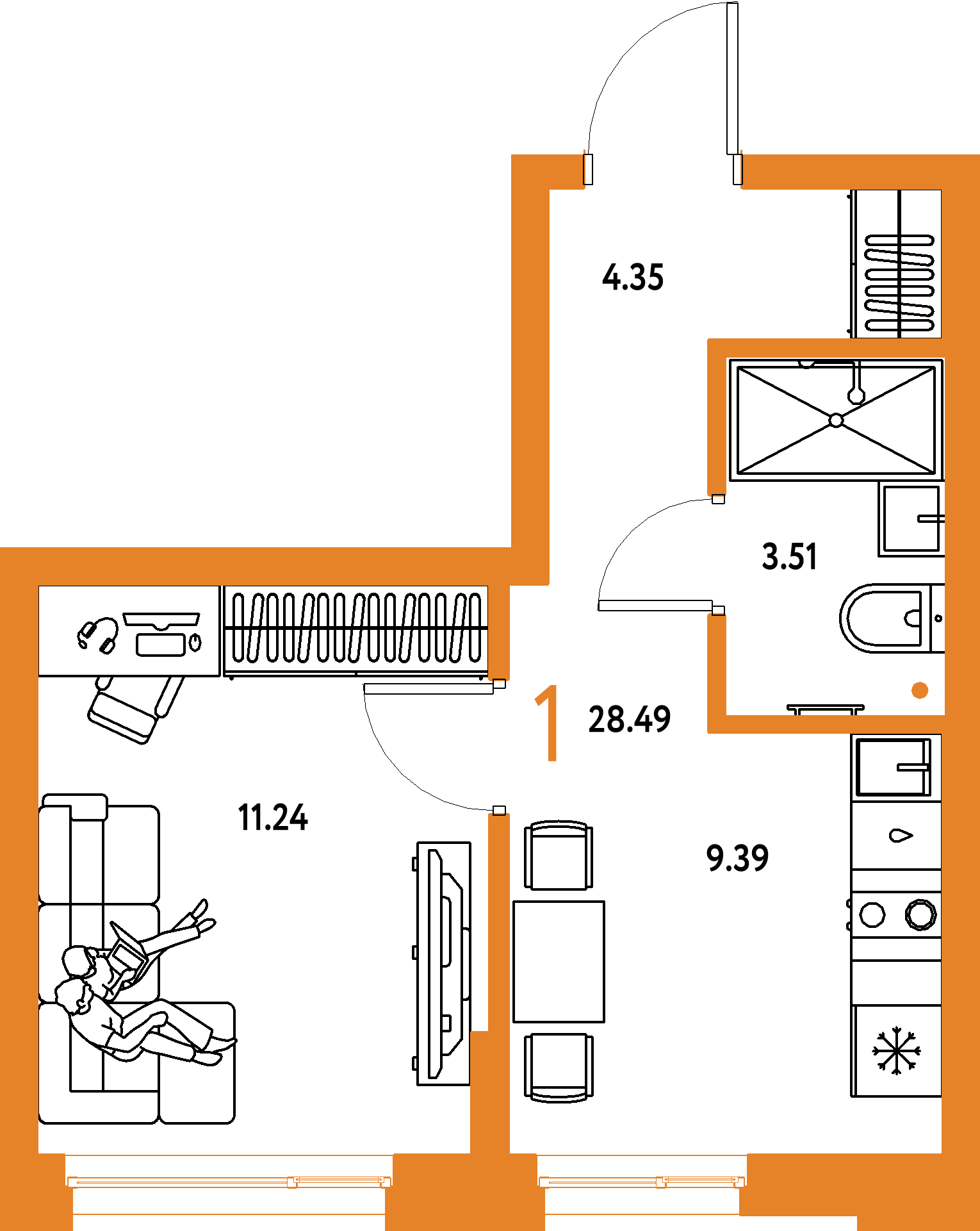 Планировка: 1-комнатная 28,49 м² в ЖК «Домашний»