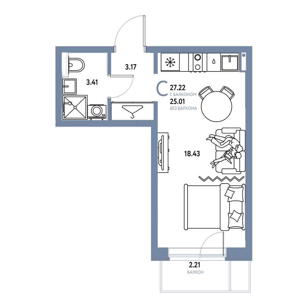 Планировка: Студия 27,22 м²