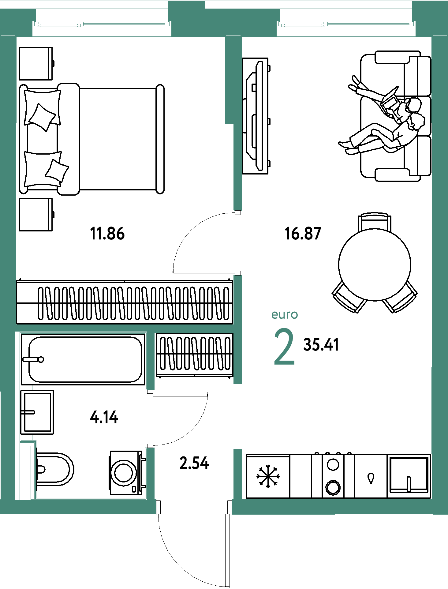 Планировка: Евродвушка 35,41 м² в ЖК «Домашний»