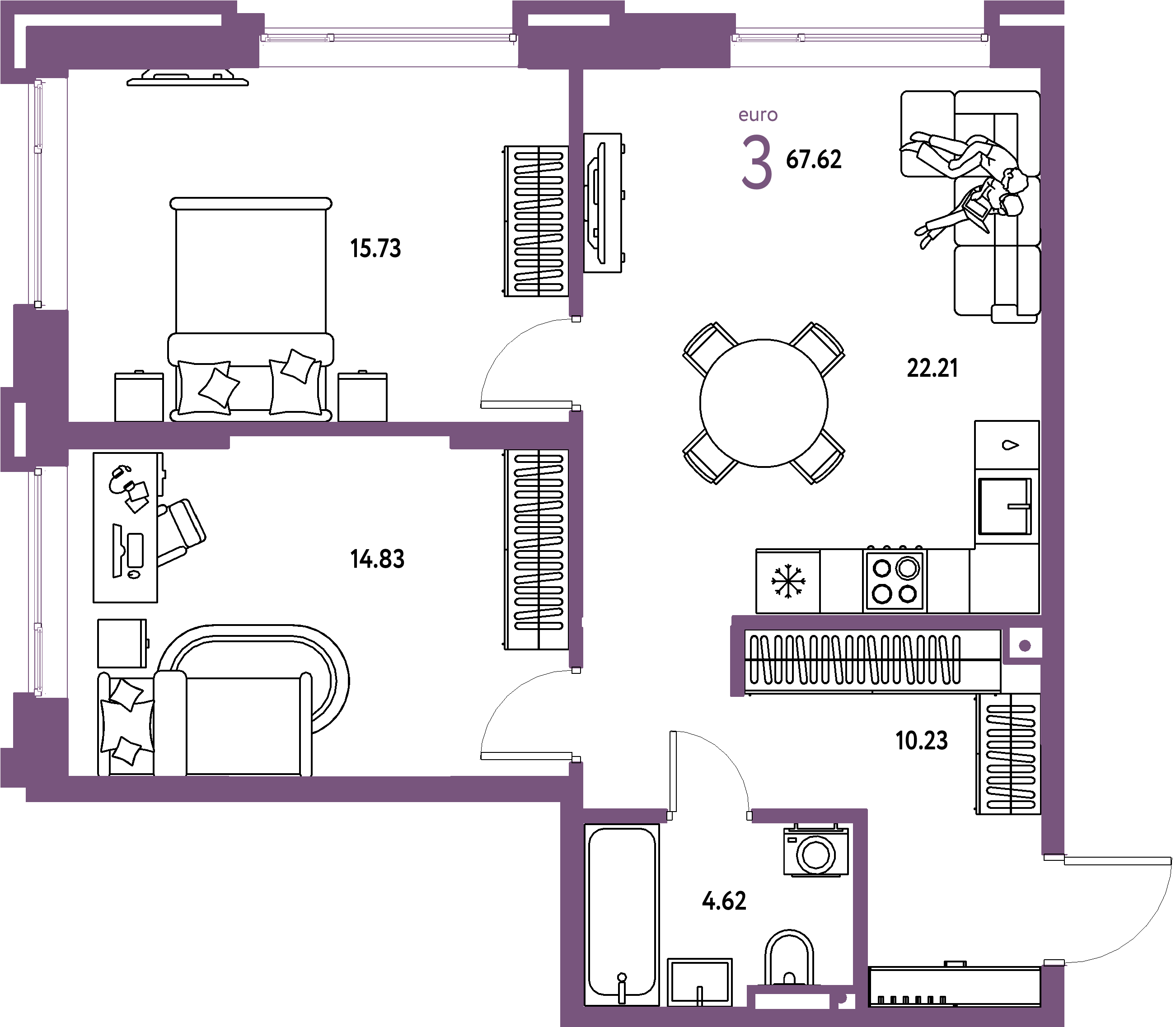 Планировка: Евротрёшка 67,62 м² в ЖК «Страна.Прибрежная»