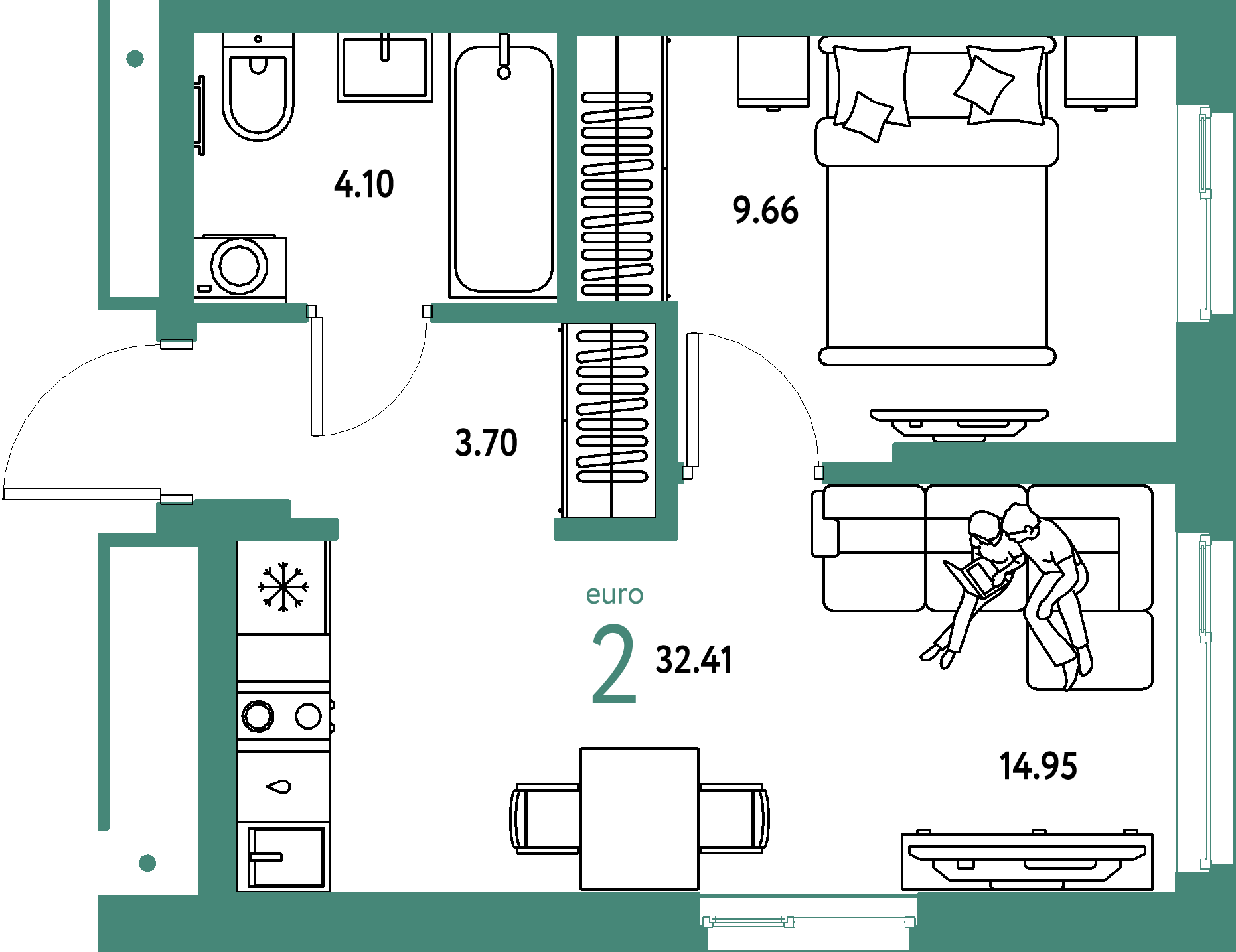 Планировка: Евродвушка 32,41 м² в ЖК «Домашний»