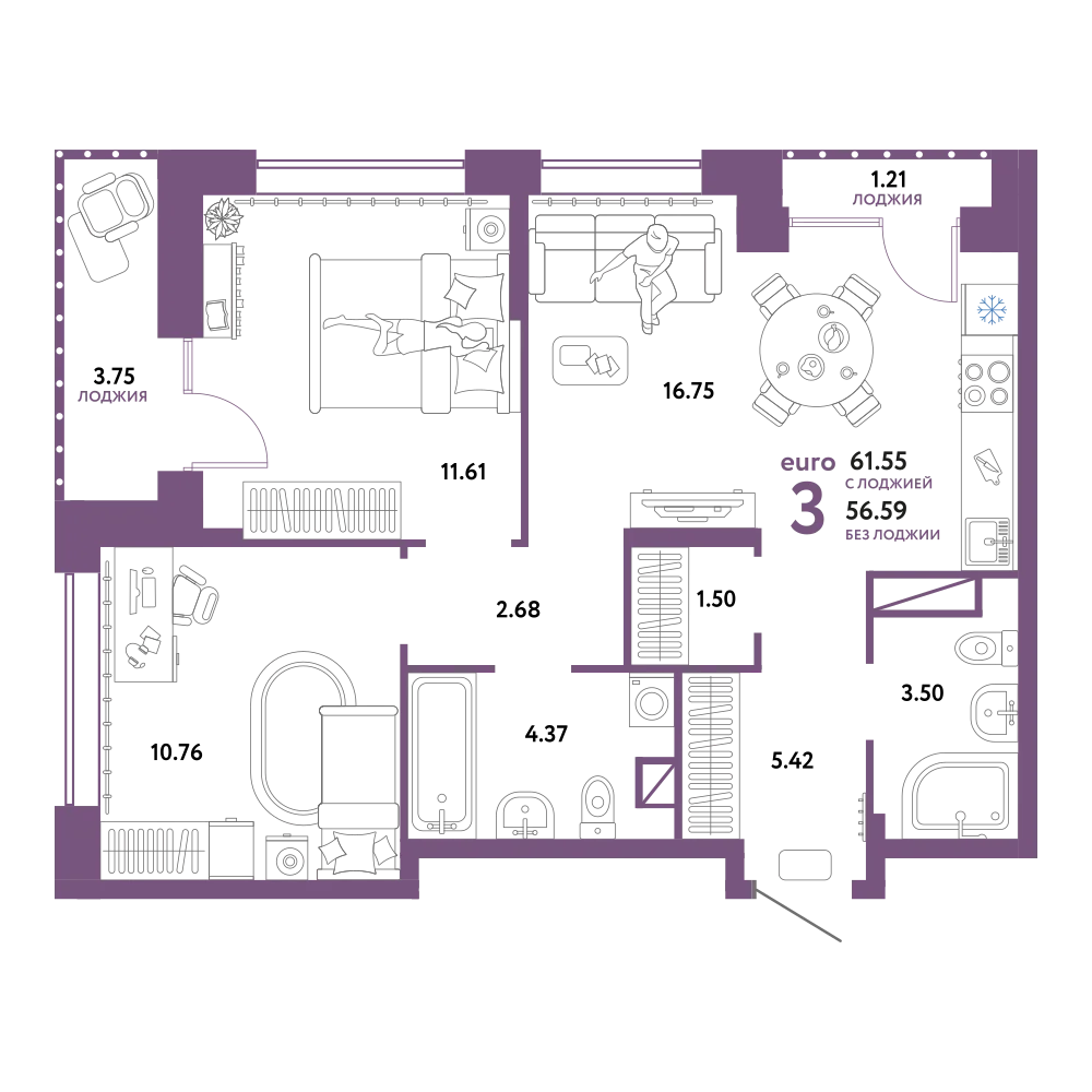 Планировка: Евротрёшка 61,55 м²