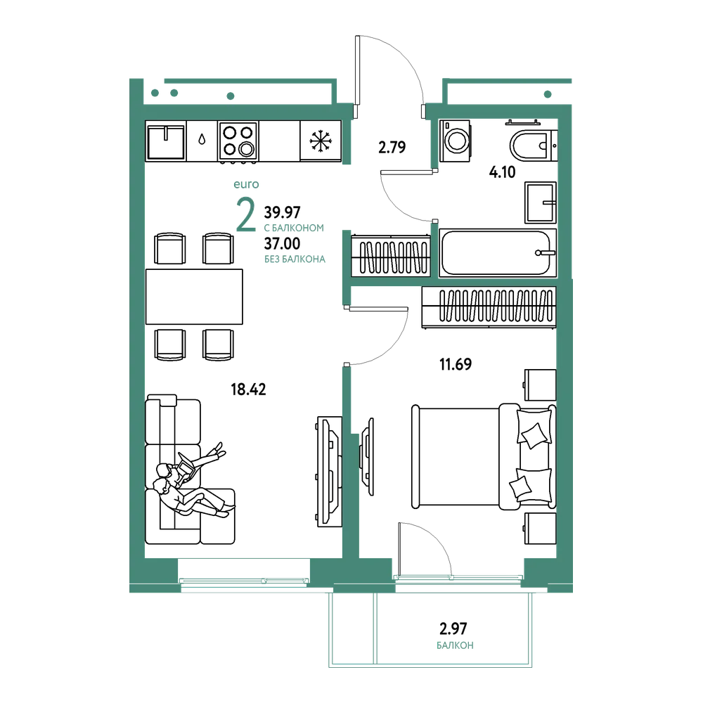 Планировка: Евродвушка 39,97 м²