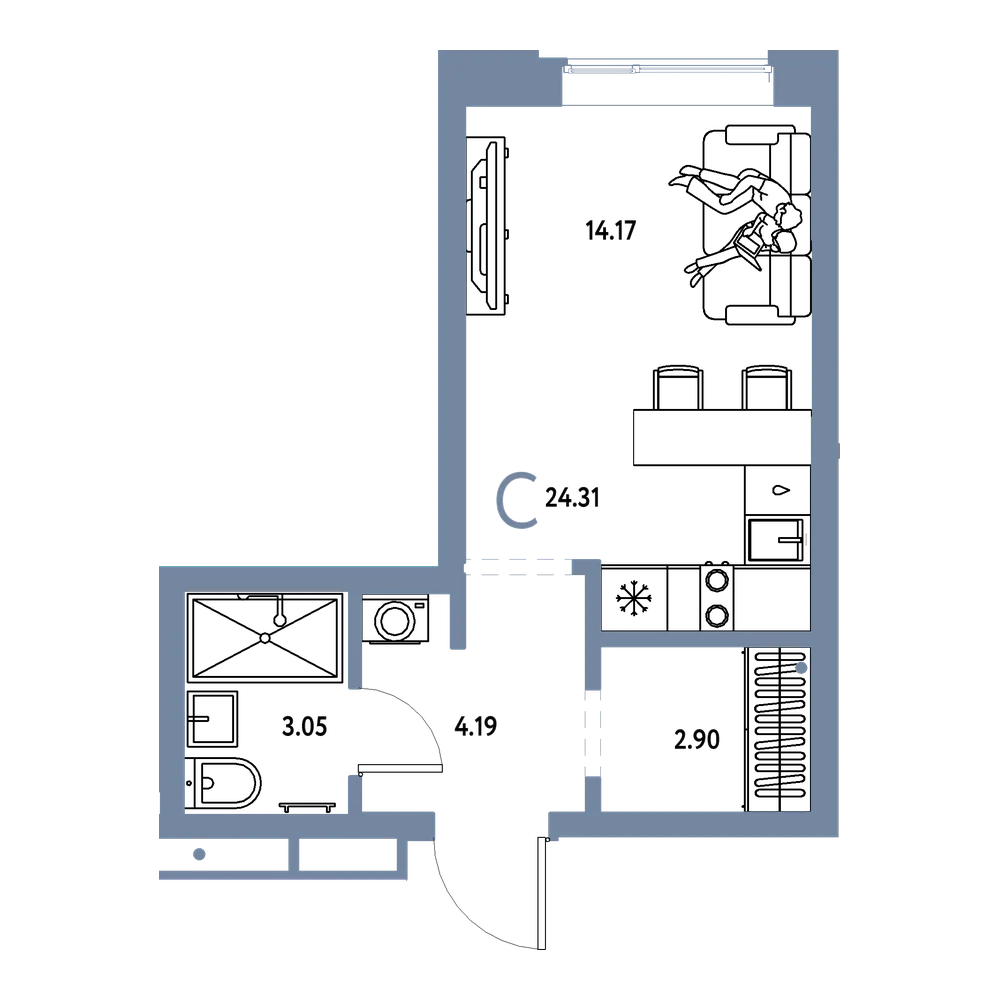 Планировка: Студия 24,31 м²