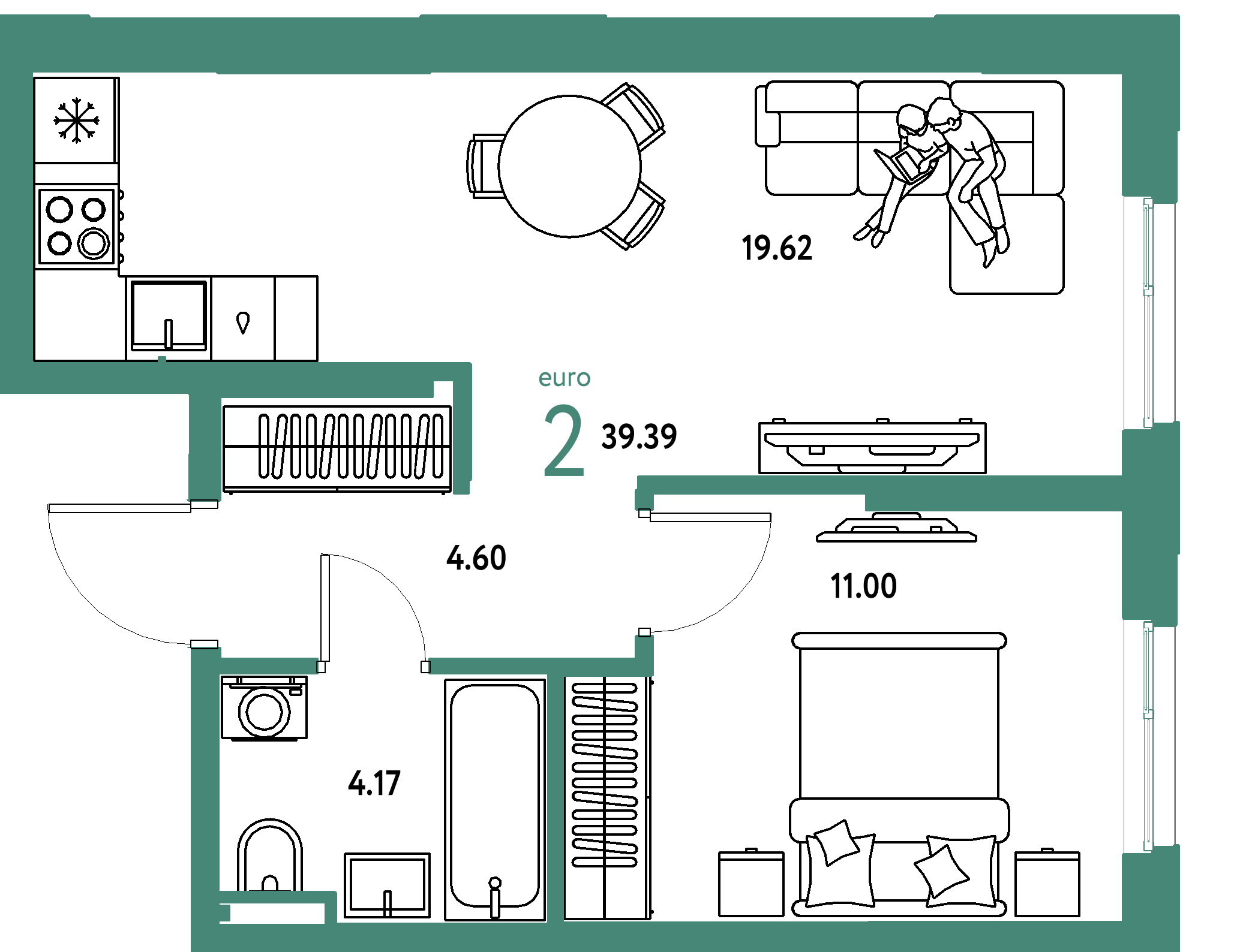 Планировка: Евродвушка 39,39 м² в ЖК «Остров-сад»