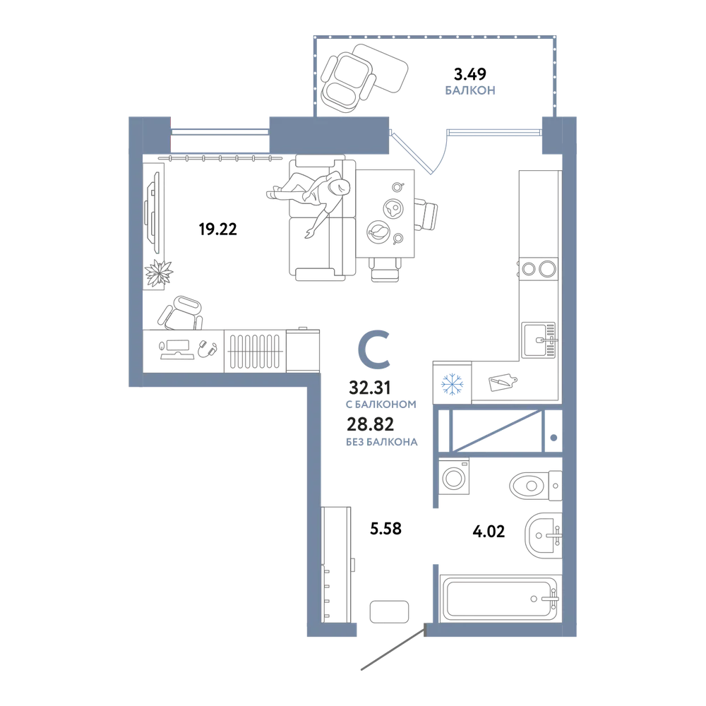 Планировка: Студия 32,31 м²