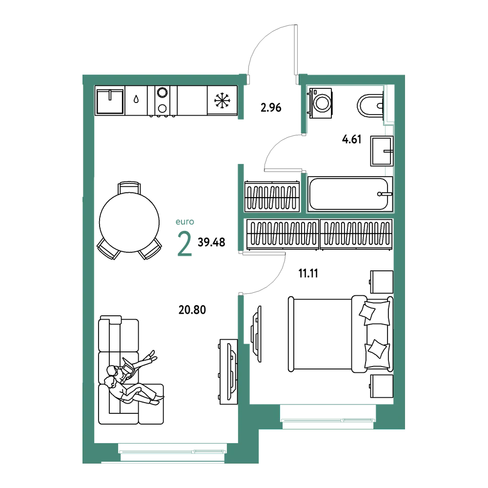 Планировка: Евродвушка 39,48 м²