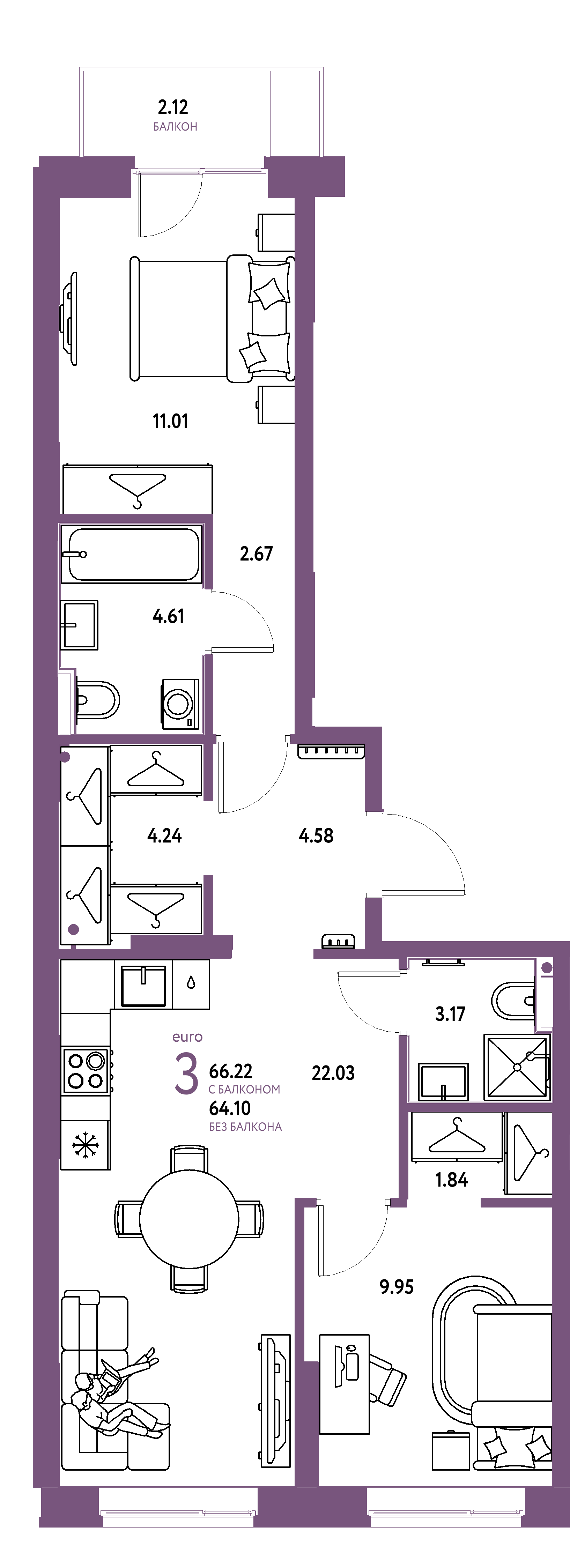 Планировка: Евротрёшка 66,22 м² в ЖК «Европейский берег 2.0»