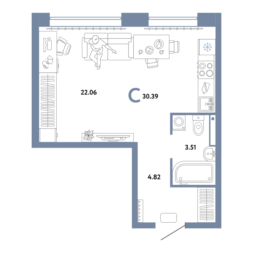 Планировка: Студия 30,39 м²