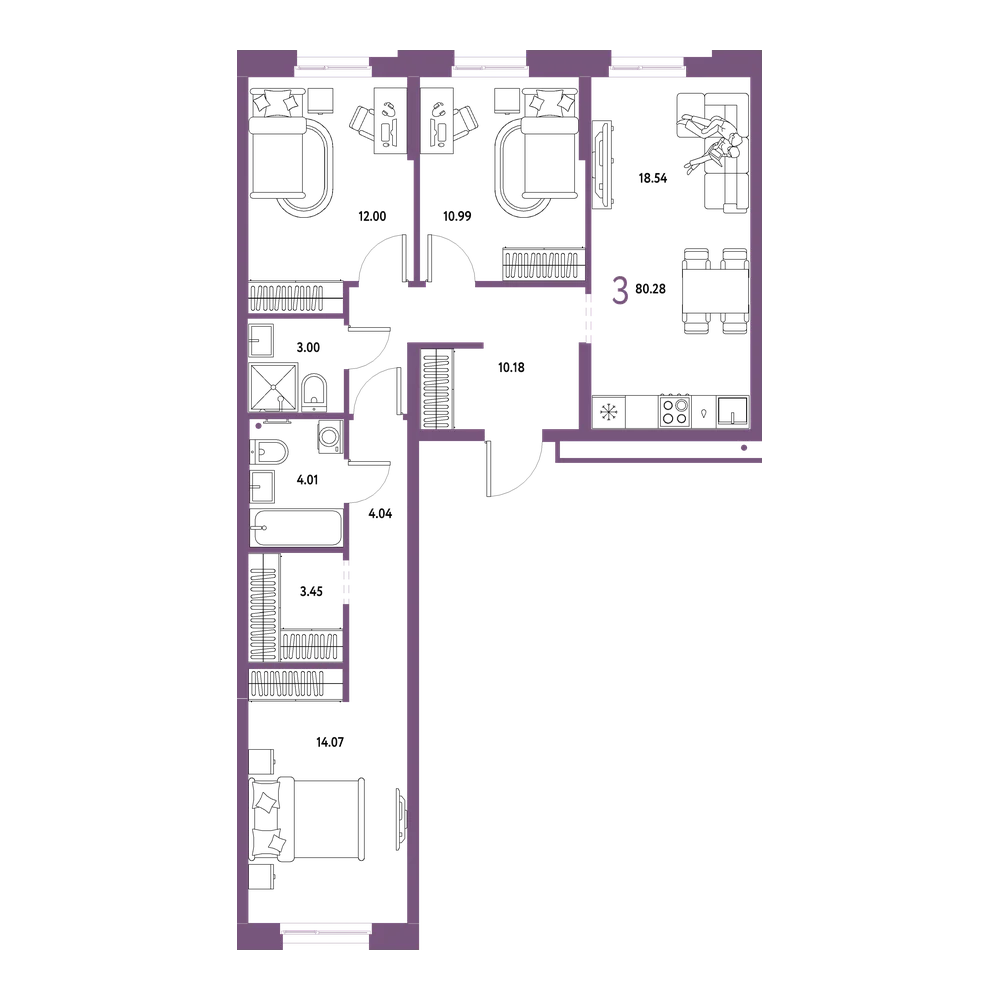 Планировка: 3-комнатная 80,28 м²