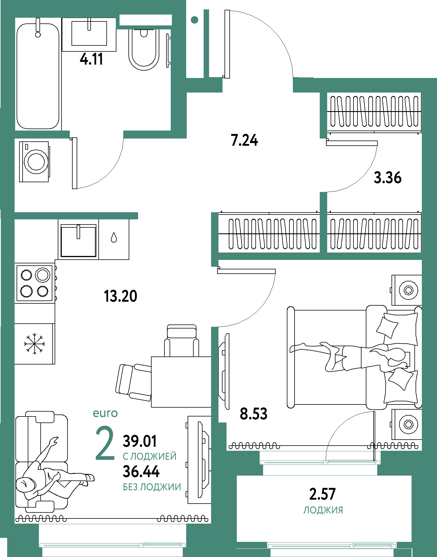 Планировка: Евродвушка 39,01 м² в ЖК «Домашний»