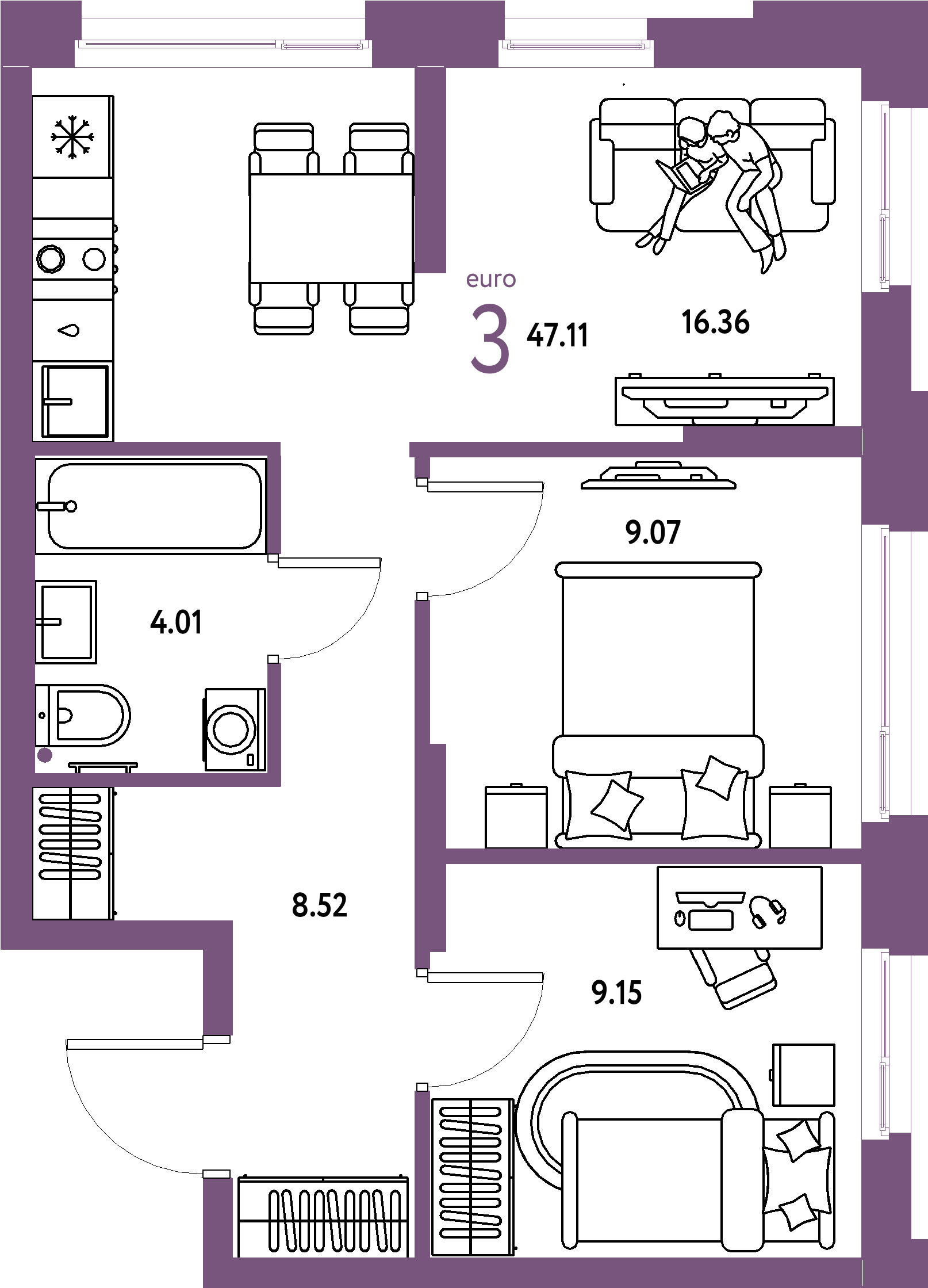 Планировка: Евротрёшка 47,11 м² в ЖК «Домашний»